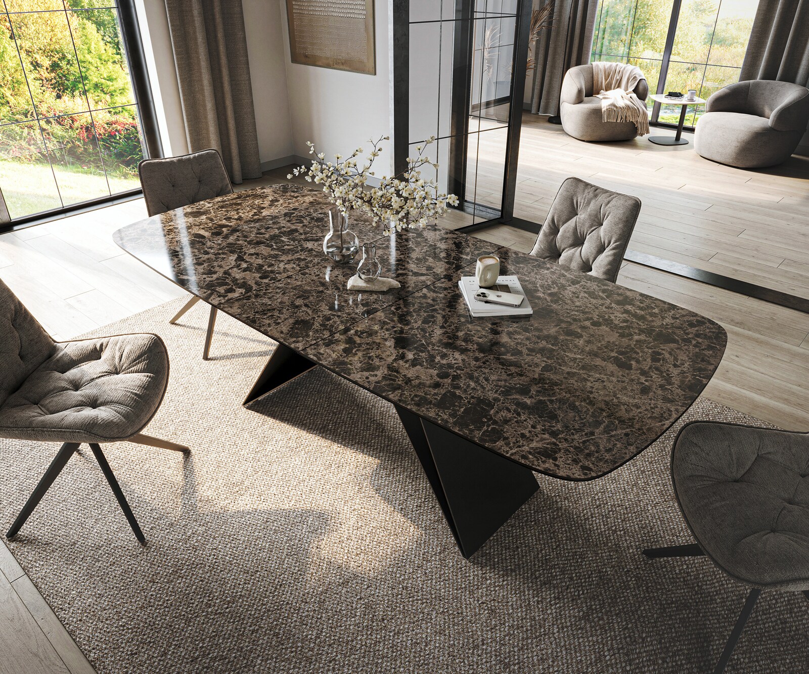 Esstisch Edge Boot 180-220x100 cm Keramik Emperador Extra Lucidato Dunkelbraun V-Gestell Flachstahl Schwarz ausziehbar 3