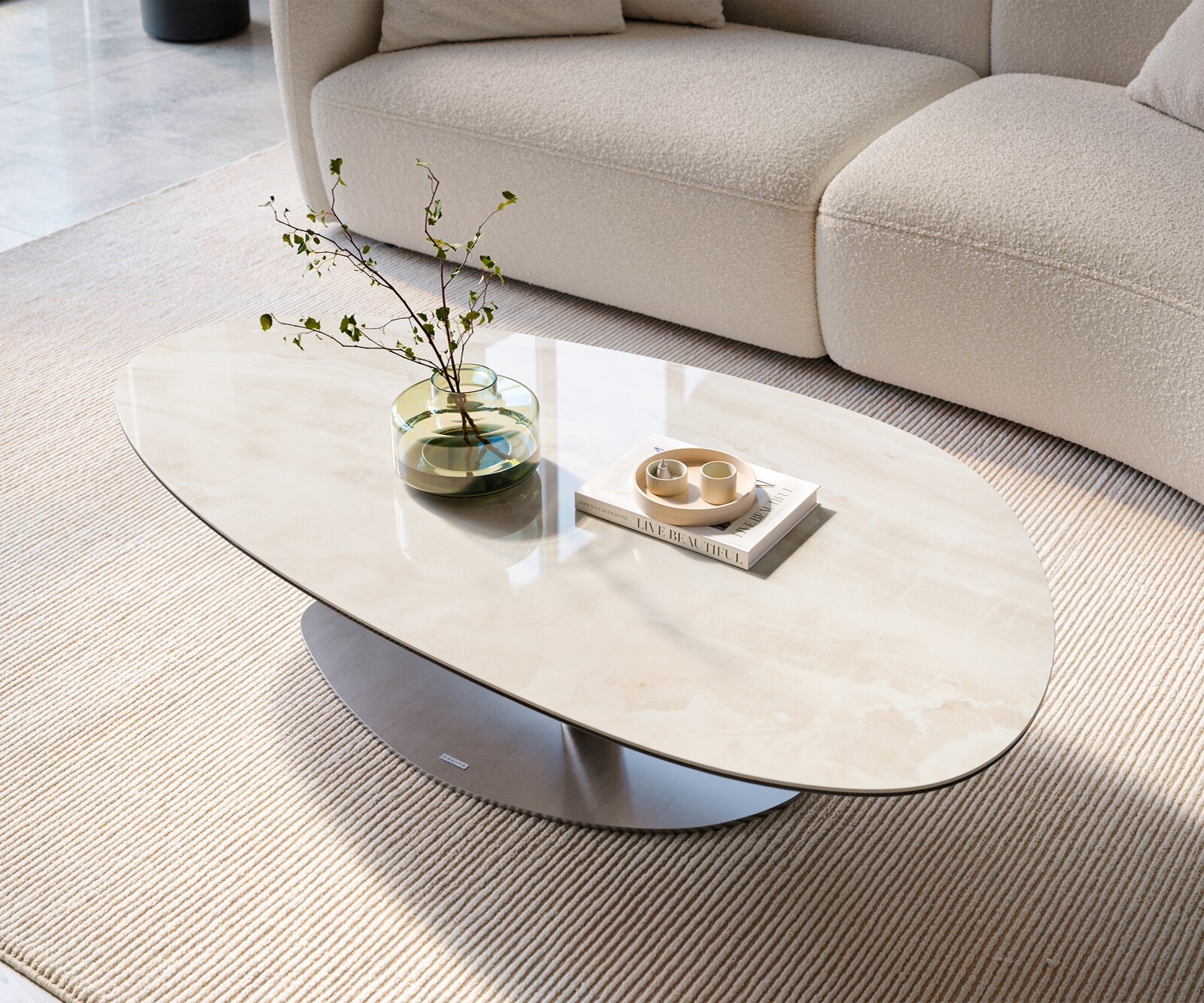 Table basse Edge ovale 140x75 cm céramique Onyx Champagne Vibany acier inoxydable brossé 1