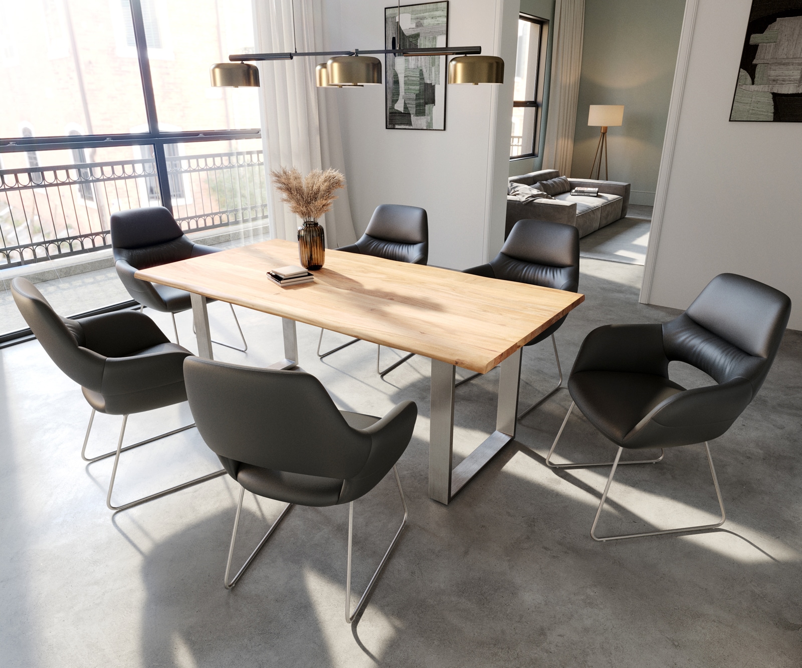 Esszimmerstuhl Yago-Flex mit Armlehnen Echt-Leder Schwarz Kufengestell Edelstahl Taschenfederkern 3 Esszimmerstuhl Yago-Flex mit Armlehnen Echt-Leder Schwarz Kufengestell Edelstahl Taschenfederkern 3