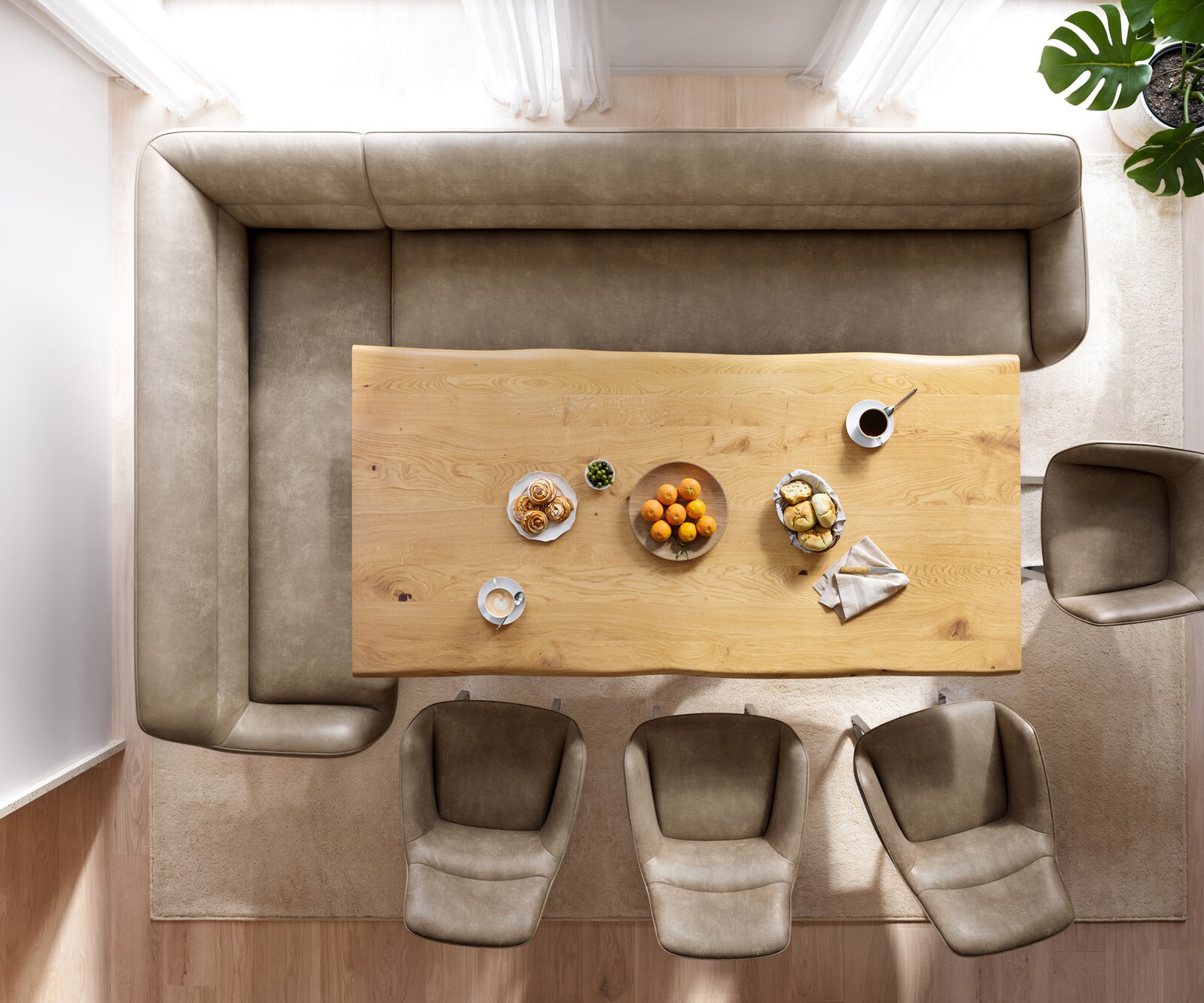 Esszimmerbank Taya-Flex 285x190 cm Mikrofaser Beige Vintage Kreuzgestell kantig Schwarz Taschenfederkern Rechts 4