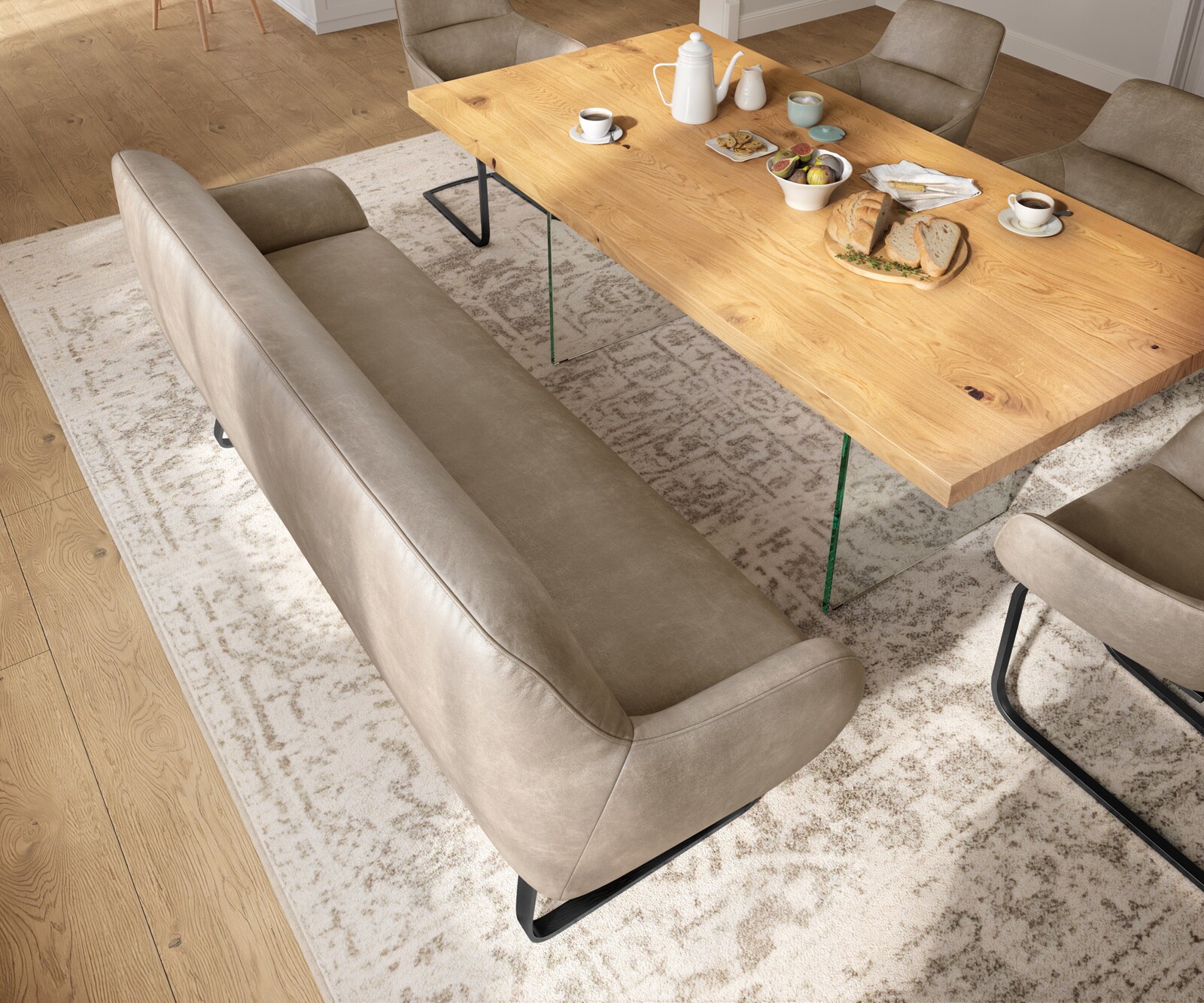 Banc-de-salle-à-manger Taya-Flex 200 cm microfibre beige vintage châssis à patins plat noir ressort ensaché 3