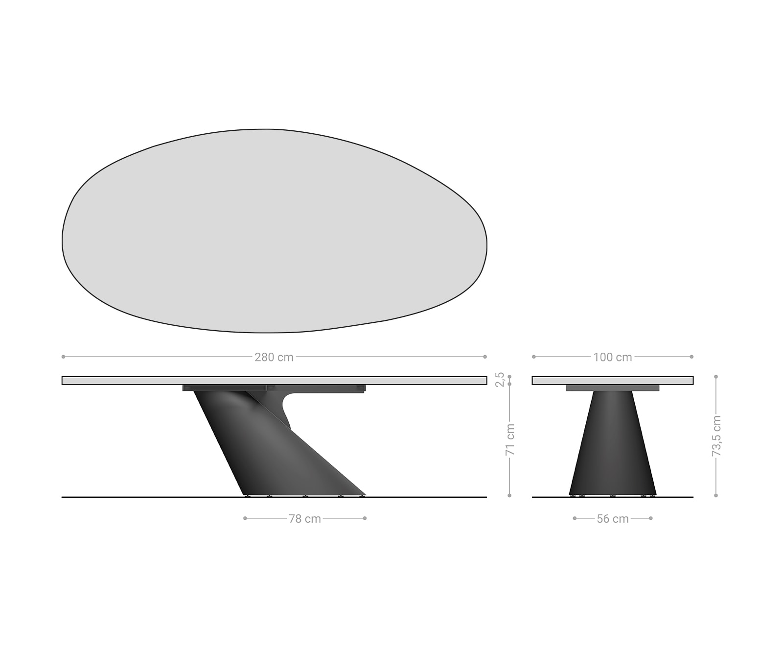 Esstisch Edge Oval 280x130 Reliefglas Rauchschwarz 3D-Design Cono Metallic Silber 8