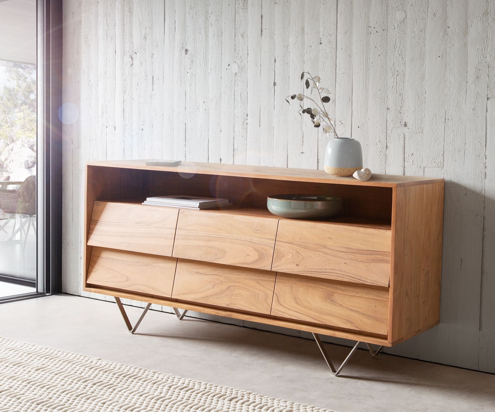 Sideboard Eloi 145x40 cm Akazie Natur 6 Schubladen V-Fuß Edelstahl Sideboard Eloi 145x40 cm Akazie Natur 6 Schubladen V-Fuß Edelstahl