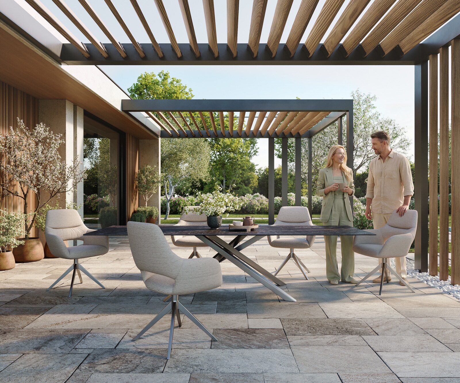 Table d’extérieur Edge 300x100 cm céramique Laminam® Nero Greco anthracite piètement croisé rectangulaire en acier inoxydable 1