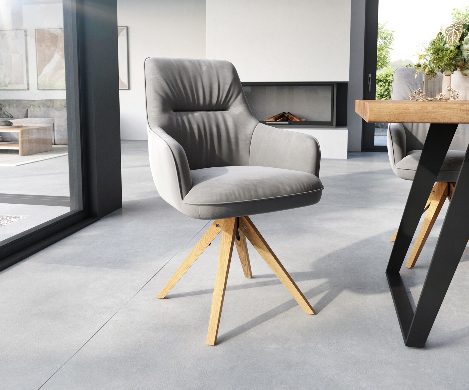 Esszimmerstuhl Zelia-Flex mit Armlehnen Samt Grau Holzgestell kantig Natur Taschenfederkern 1