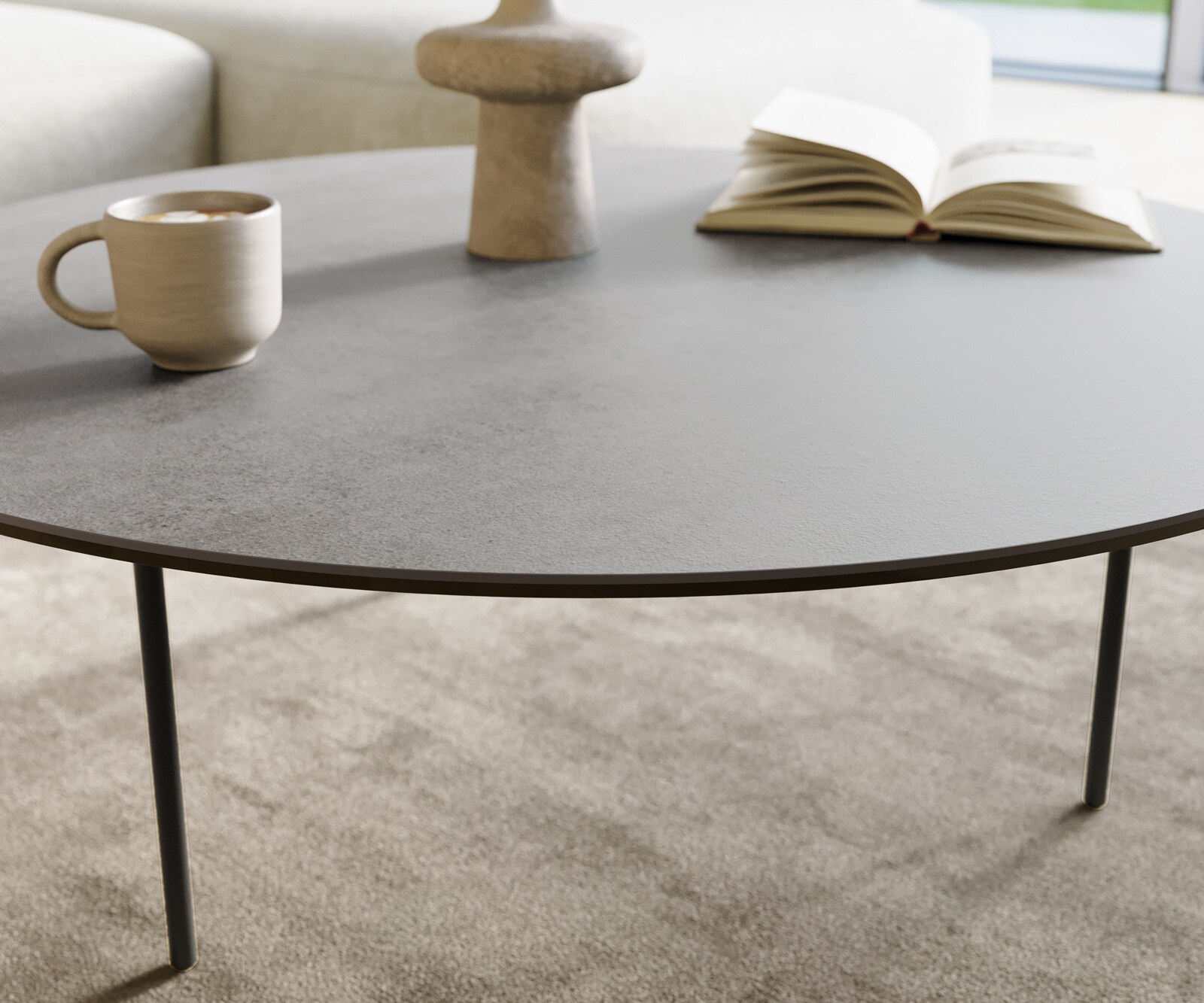 Table basse Edge ronde 100x100 cm céramique béton gris Trive métal noir 5