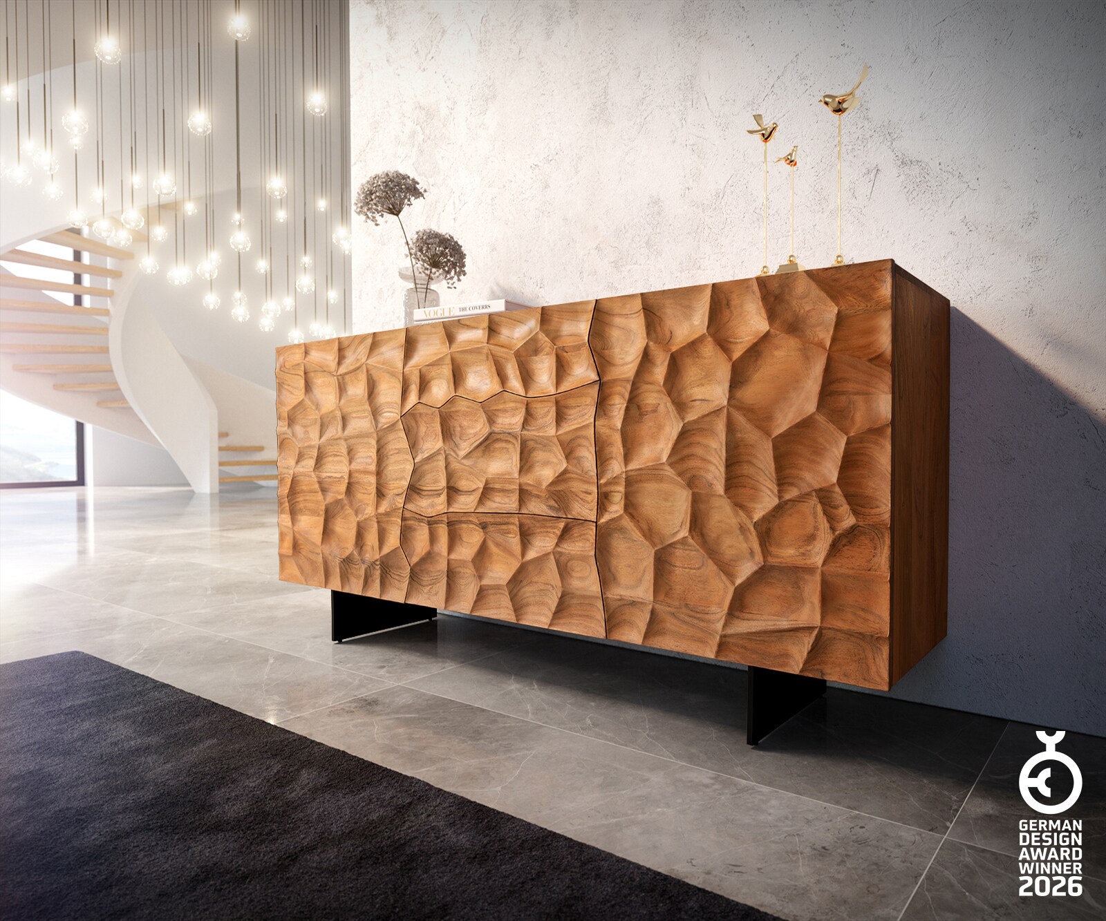 Buffet Solu 175 cm acacia naturel 2 portes 3 tiroirs pied flottant métal noir façade 3D