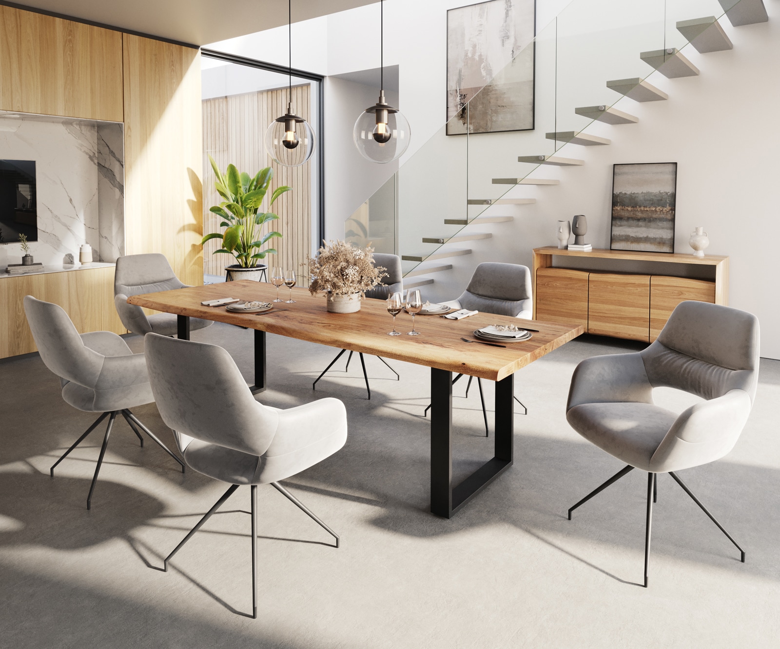 Esszimmerstuhl Yago-Flex mit Armlehnen Samt Grau Kreuzgestell konisch Schwarz Taschenfederkern 3 Esszimmerstuhl Yago-Flex mit Armlehnen Samt Grau Kreuzgestell konisch Schwarz Taschenfederkern 3