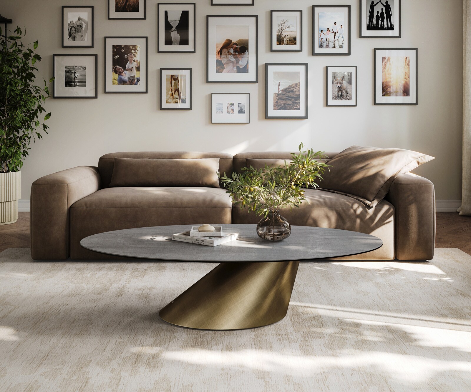 Table basse Edge ovale 140x80 cm céramique béton gris Conis métallique or 1