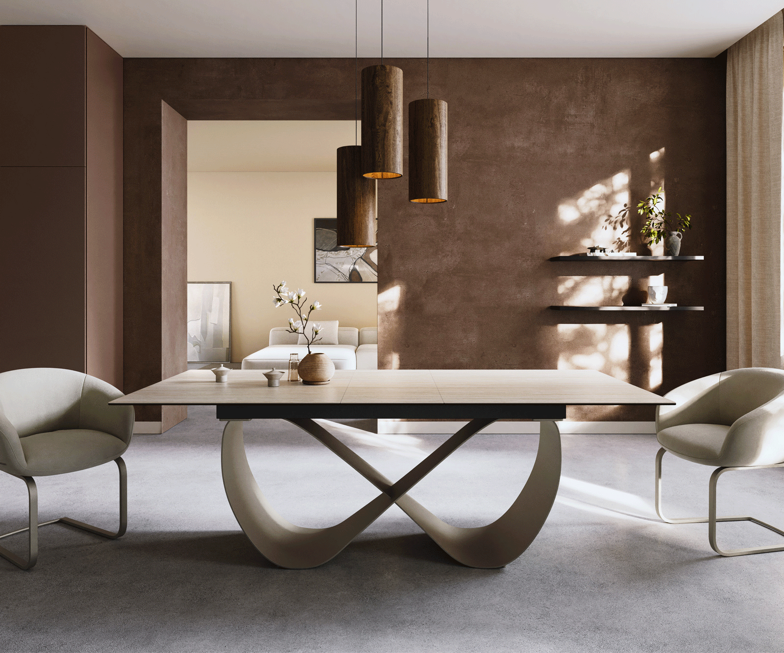Esstisch Edge 180-220x100 Keramik Laminam® Travertino Bianco Creme-Weiß Infinity Metall Effektfinish Titan ausziehbar 1