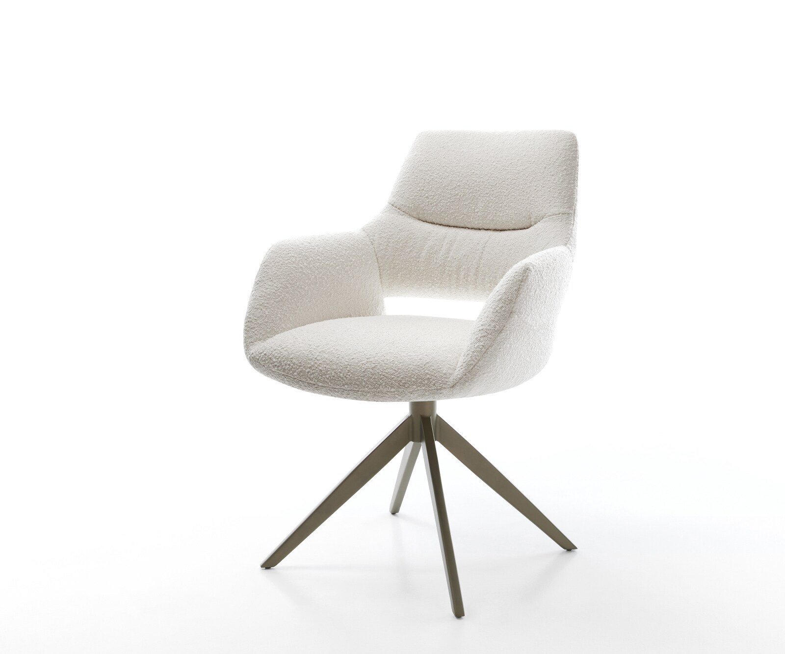Chaise-pivotante Yago-Flex avec accoudoirs bouclé crème-blanc pied croisé large aspect titane pivotement sur 360° fonction bascule ressorts ensachés