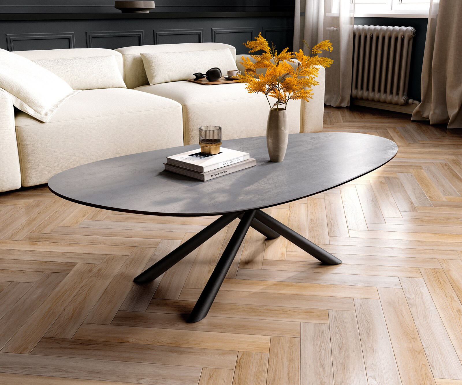 Table basse Edge ovale 140x75 cm céramique béton gris Sarity métal noir 1