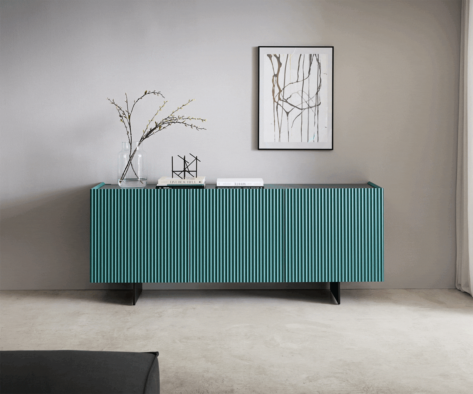 Sideboard Kelani 180 cm Petrol 3 Türen Fuß schwebend Metall Schwarz 1 Sideboard Kelani 180 cm Petrol 3 Türen Fuß schwebend Metall Schwarz 1