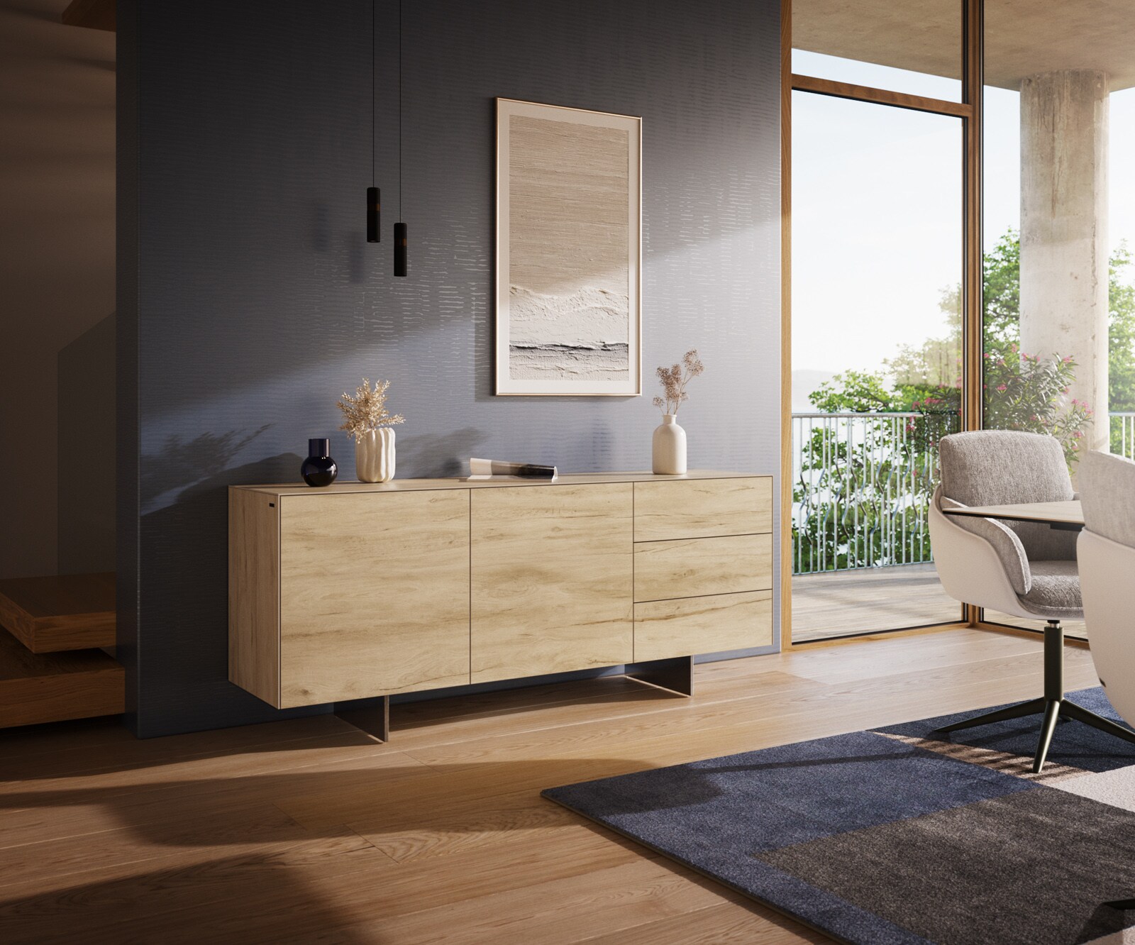 Buffet Cuor 180 cm Céramique Laminam® Sabbia Teinte chêne 2 Portes 3 Tiroirs Pied optique flottant Ancier inoxydable