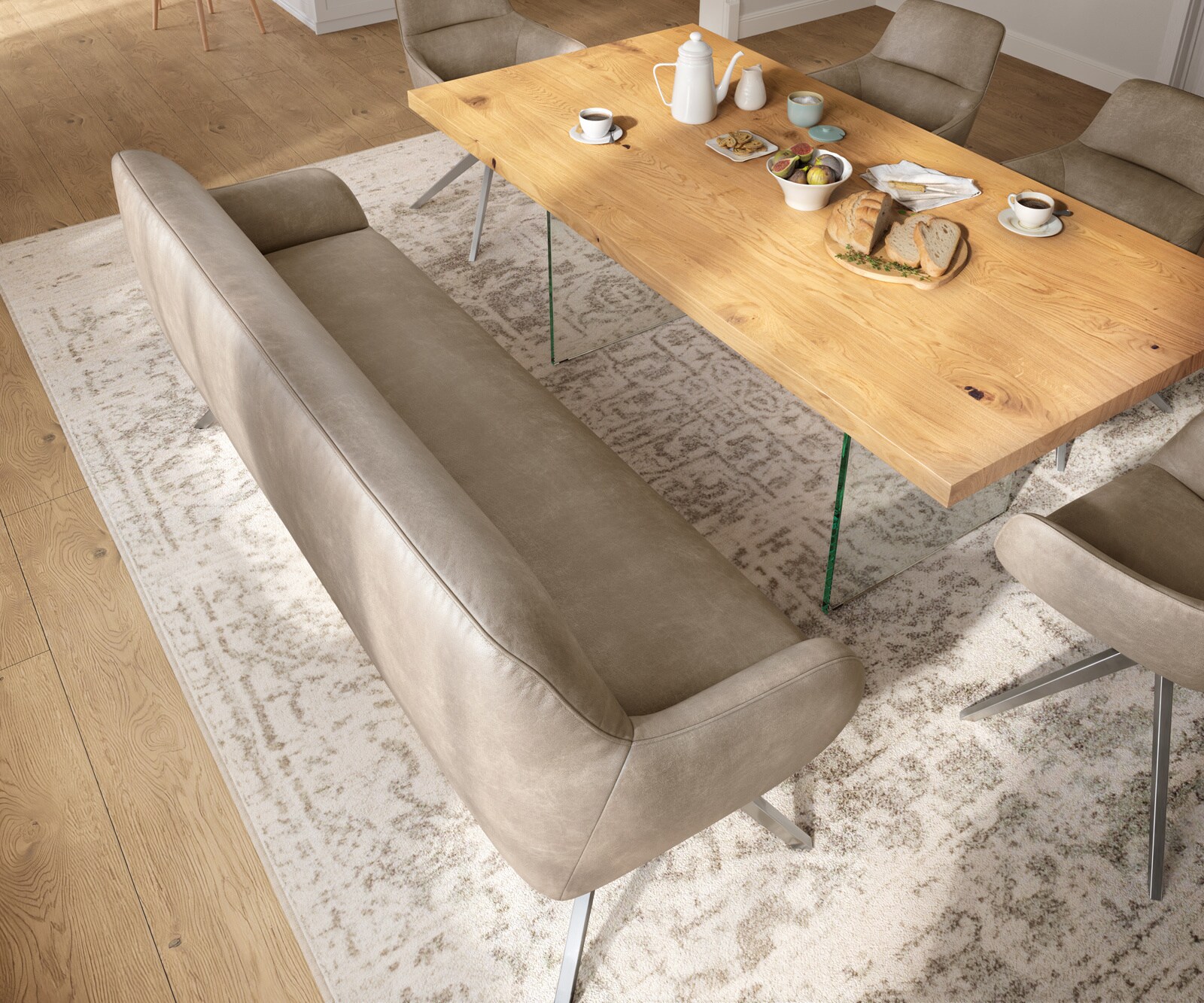 Esszimmerbank Taya-Flex 200 cm Mikrofaser Beige Vintage Kreuzgestell kantig Edelstahl Taschenfederkern 3