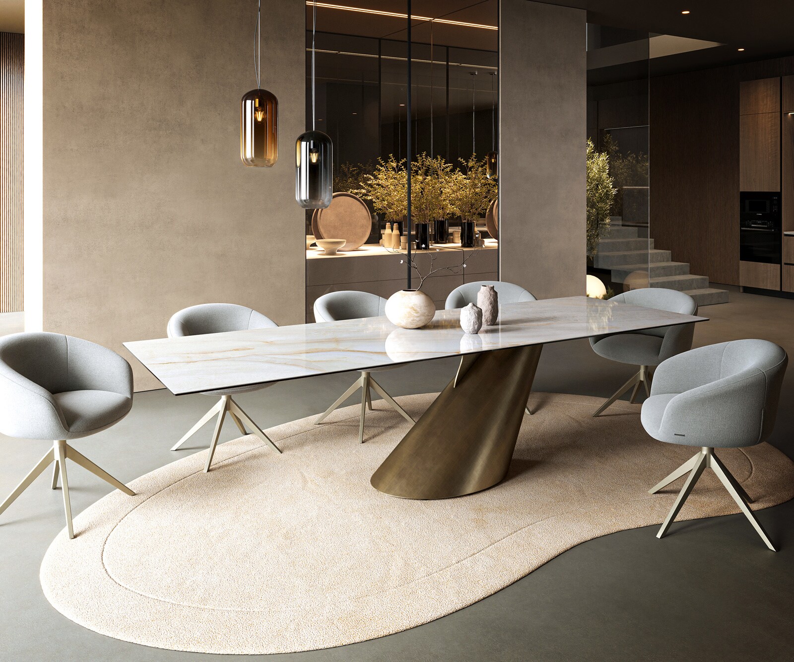 Table à manger Edge 300x100 cm céramique Onyx Pearl Cono métal doré 6