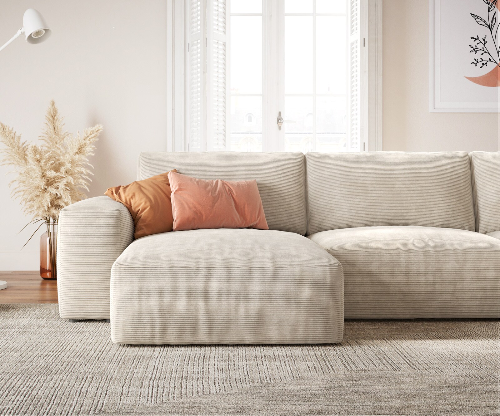 Wohnlandschaft Lanzo 300x210 cm Cord Beige Recamiere variabel mit Hocker 4