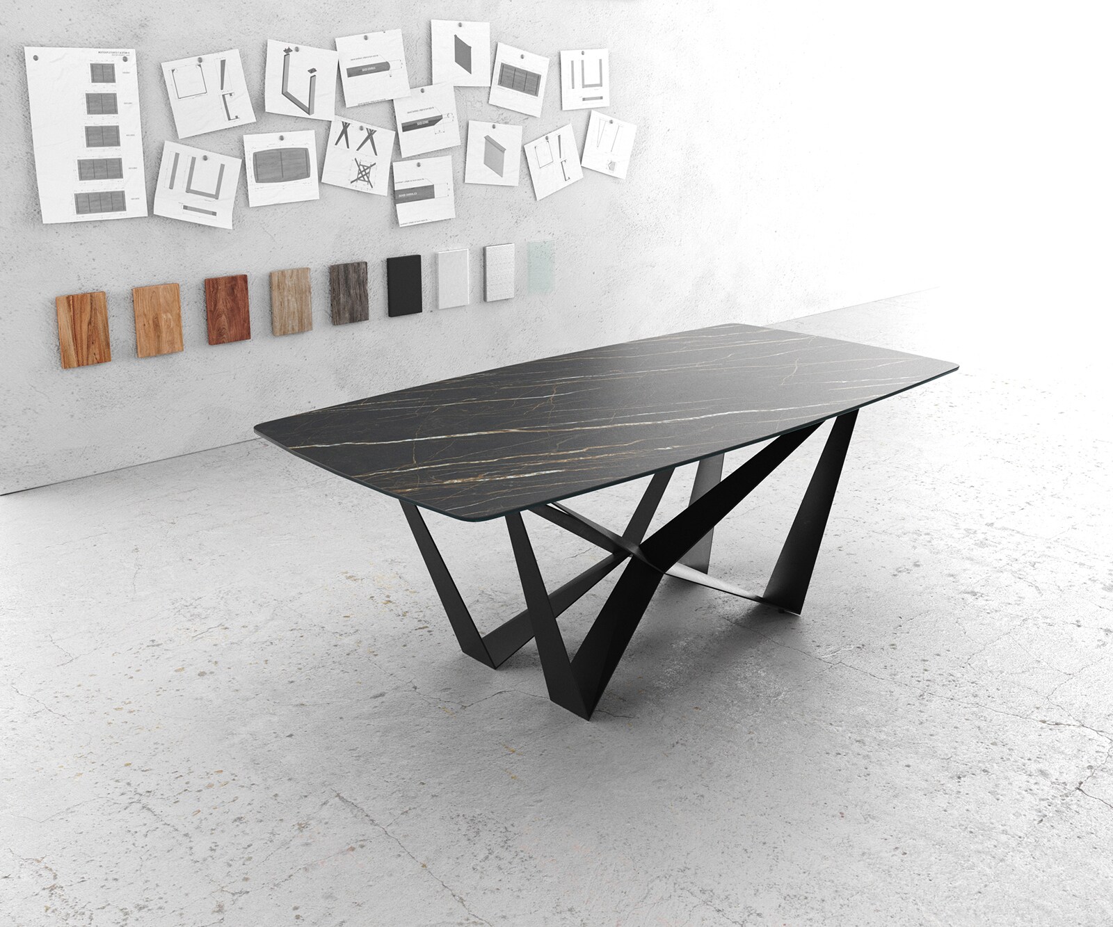 Table-à-manger Edge forme Boot 200x100cm Laminam® céramique marron pieds milieu acier plat noir Table-à-manger Edge forme Boot 200x100cm Laminam® céramique marron pieds milieu acier plat noir