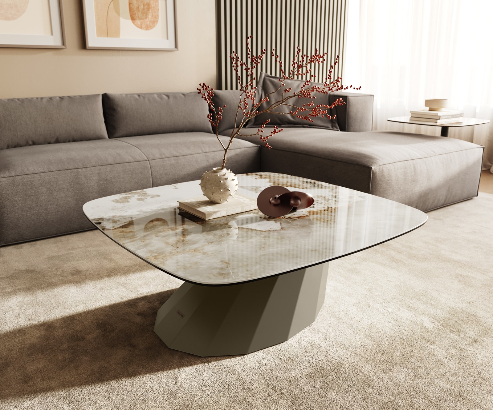 Couchtisch Edge Boot 90x90 cm Keramik Minas Melange Parabi Metall Effektfinish Titan 1