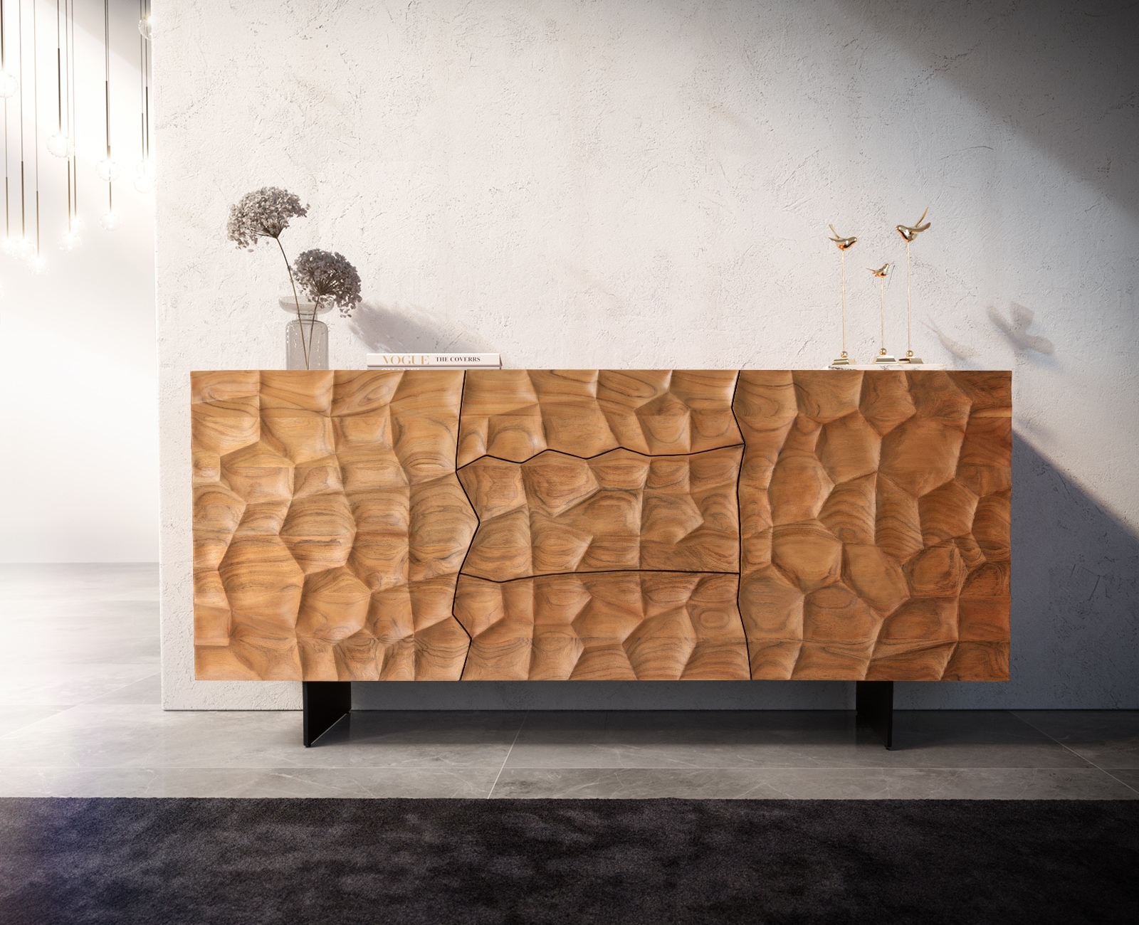 Sideboard Solu 175 cm Akazie Natur 2 Türen 3 Schübe Fuß schwebend Metall Schwarz 3D-Front 1 Sideboard Solu 175 cm Akazie Natur 2 Türen 3 Schübe Fuß schwebend Metall Schwarz 3D-Front 1