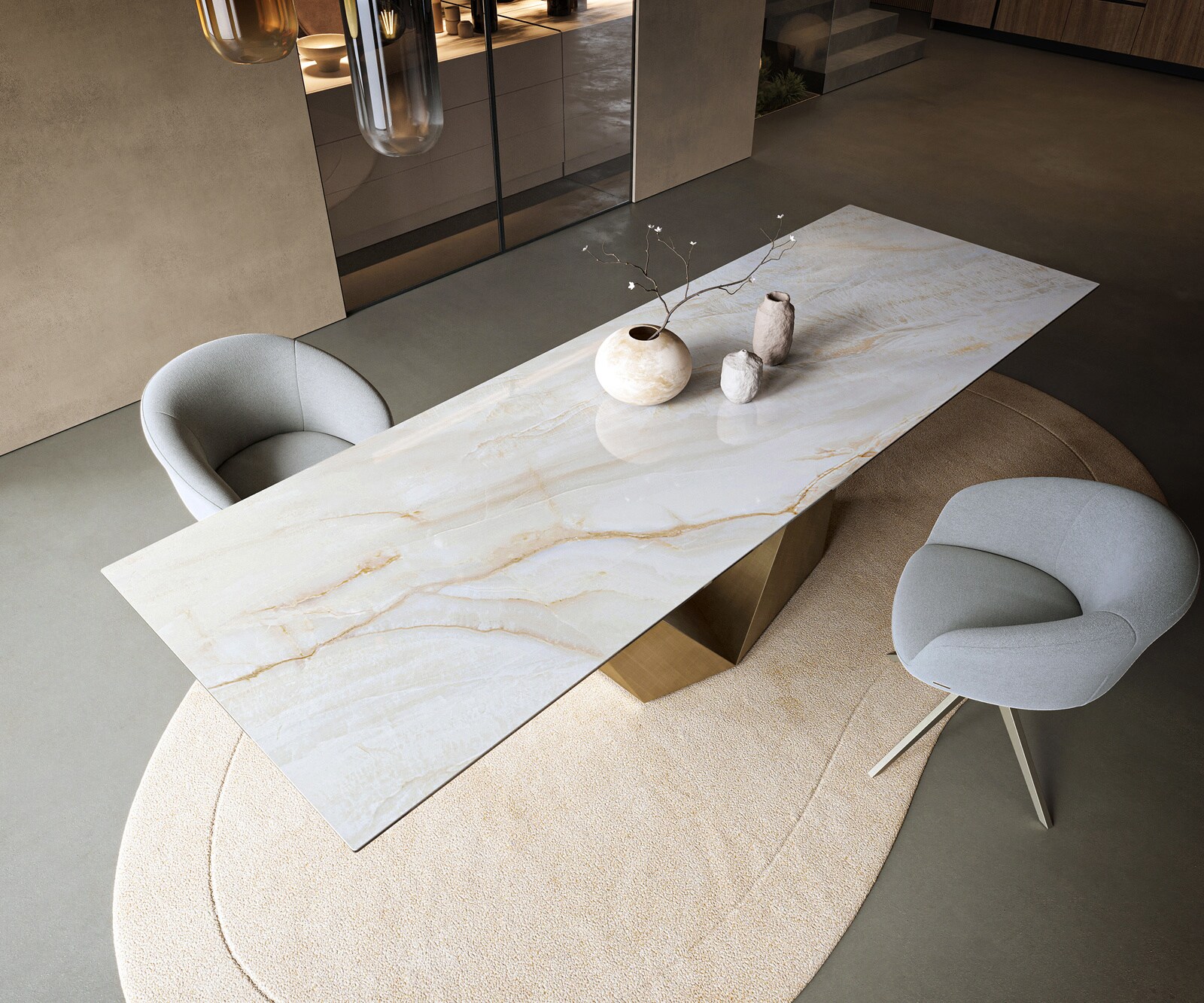 Table à manger Edge 300x100 cm céramique Onyx Pearl Prisma métal doré 3