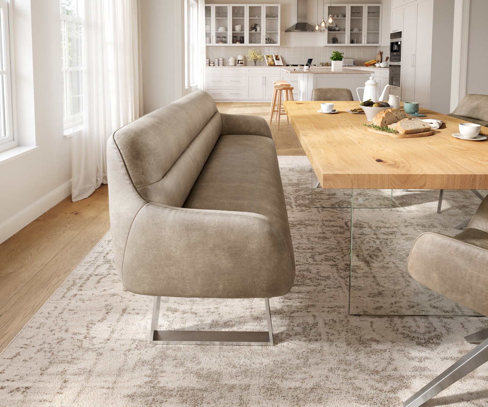 Banc-de-salle-à-manger Taya-Flex 200 cm microfibre beige vintage piètement à patins angulaire acier inoxydable ressort ensaché 1