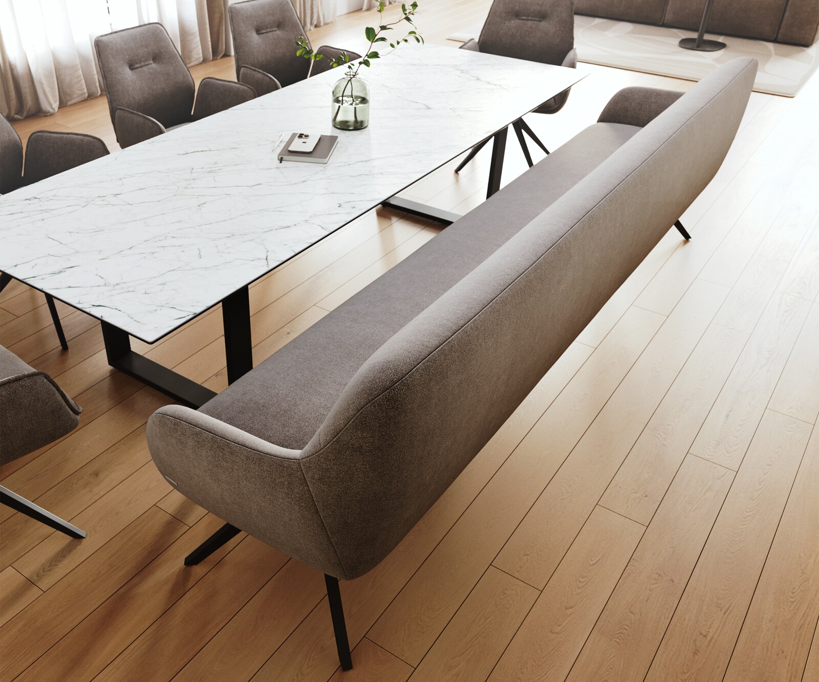 Banc-de-salle-à-manger Taya-Flex 300 cm tissu structuré doux taupe pied croisé angulaire noir ressort ensaché 4