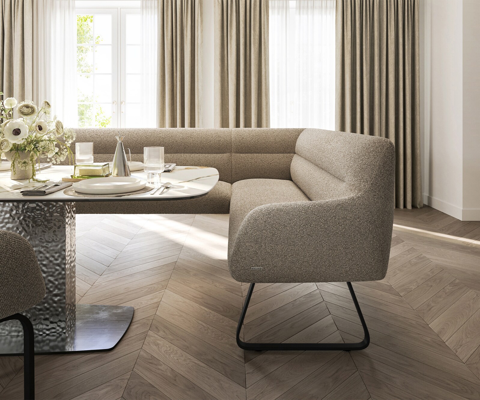 Esszimmerbank Taya-Flex 285x190 cm Bouclé Schlamm Kufengestell flach Schwarz Taschenfederkern Links 4