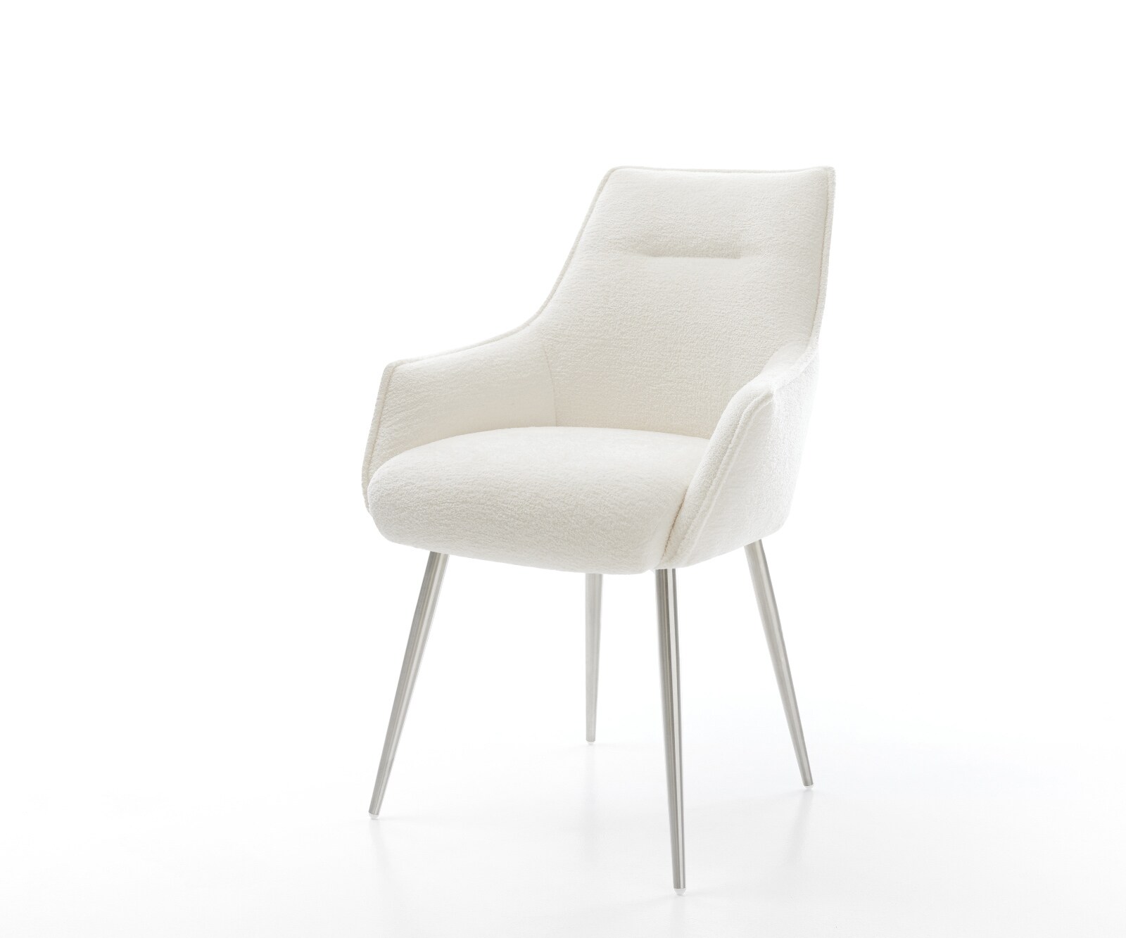 Esszimmerstuhl Alja-Flex mit Armlehnen Bouclé Soft Beige 4-Fuß konisch Edelstahl Taschenfederkern