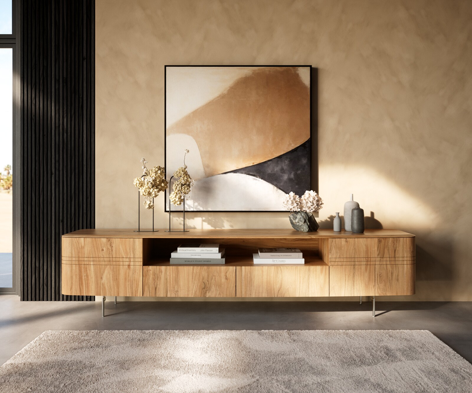 Meuble-TV Nagaru 240 cm acacia Aura 2 portes 2 tiroirs 1 compartiment Pied ovale inox
Lowboard Nagaru 240 cm Acacia Aura 2 portes 2 tiroirs 1 casier pied ovale inox 2