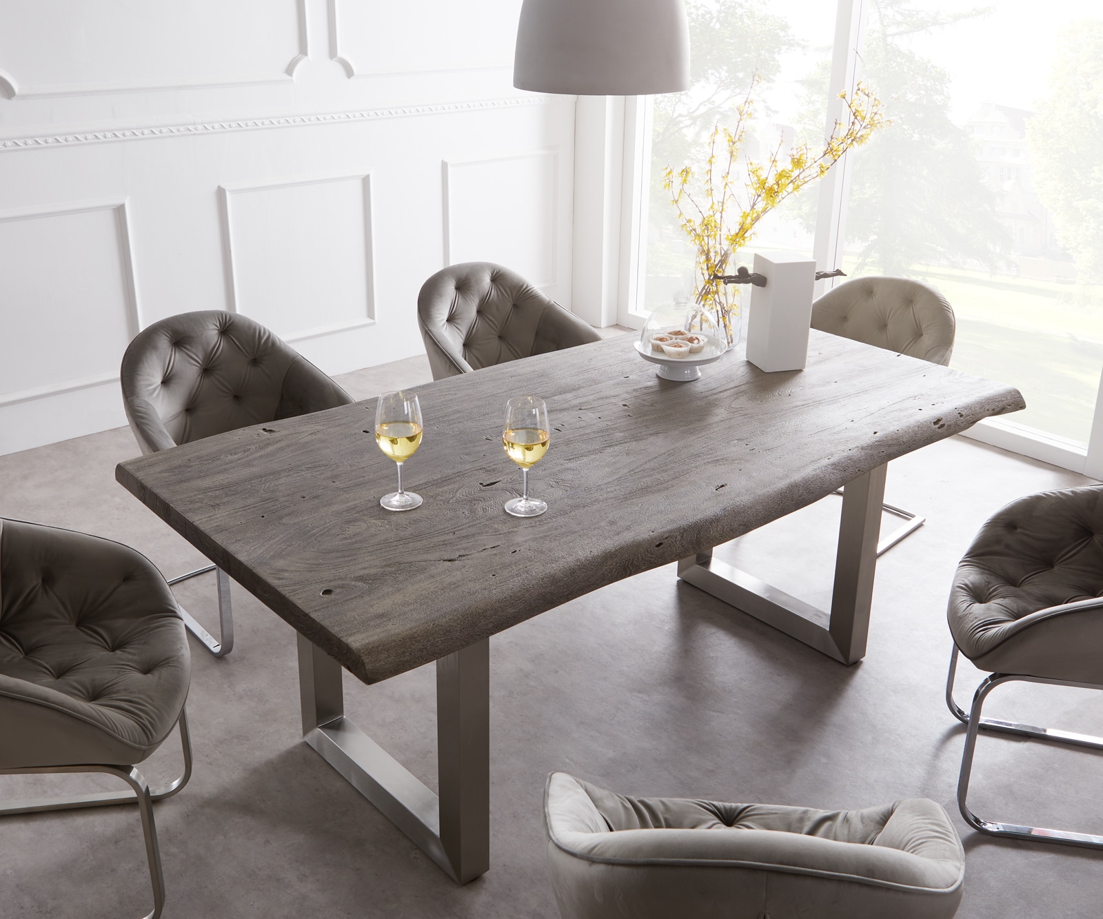 Table-à-manger Edge 220x100cm XL acacia platine acier inoxydable large Live-Edge 4