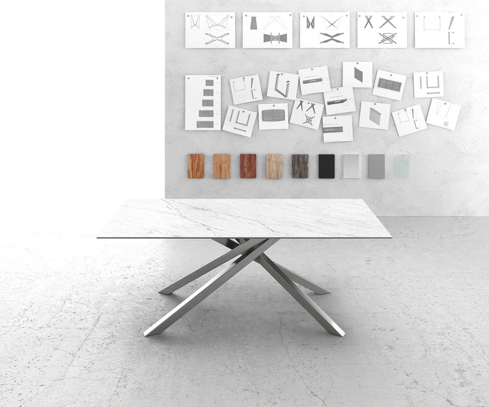 Esstisch Edge 200x100cm Keramik Laminam®Statuarietto Weiß Kreuzgestell Rechteck Edelstahl 2