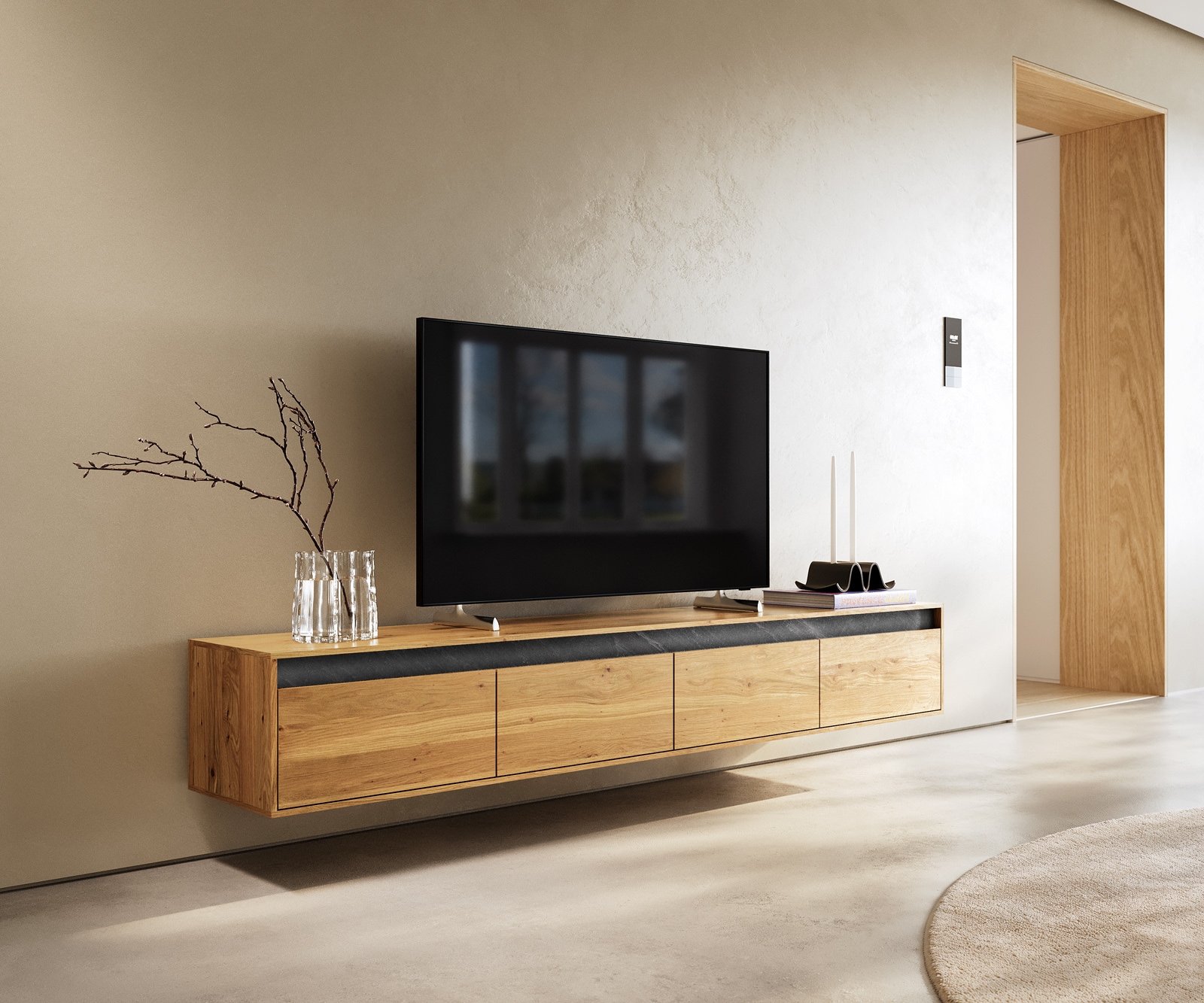 Designer-meuble-TV Stonegrace 200 cm Chêne Naturel Ardoise 4 tiroirs Suspendu Designer-meuble-TV Stonegrace 200 cm Chêne Naturel Ardoise 4 tiroirs Suspendu