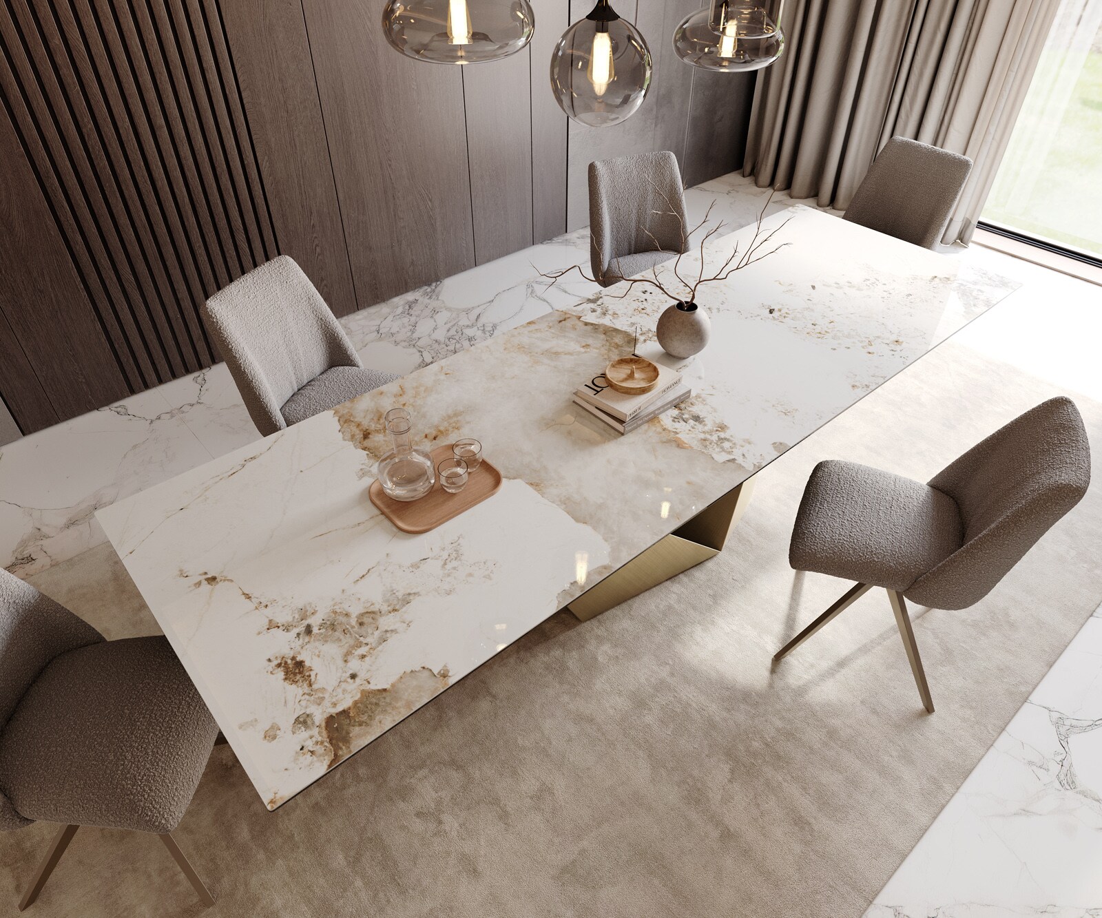 Esstisch Edge 300x100 Keramik Minas Melange Weiß-Beige Prisma Metallic Gold 4