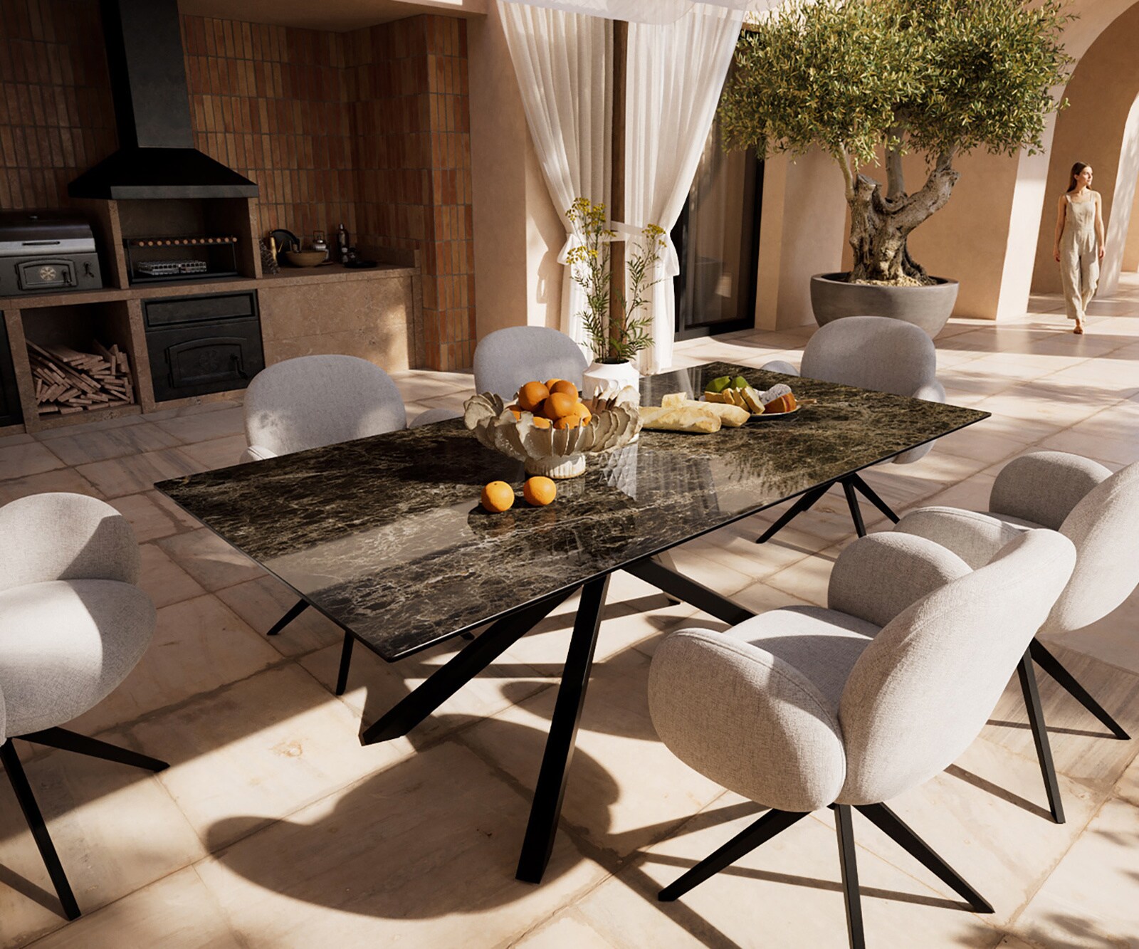 Table d’extérieur Edge 200x100 cm céramique Laminam® Emperador Extra Lucidato brun foncé piètement croisé rectangulaire noir