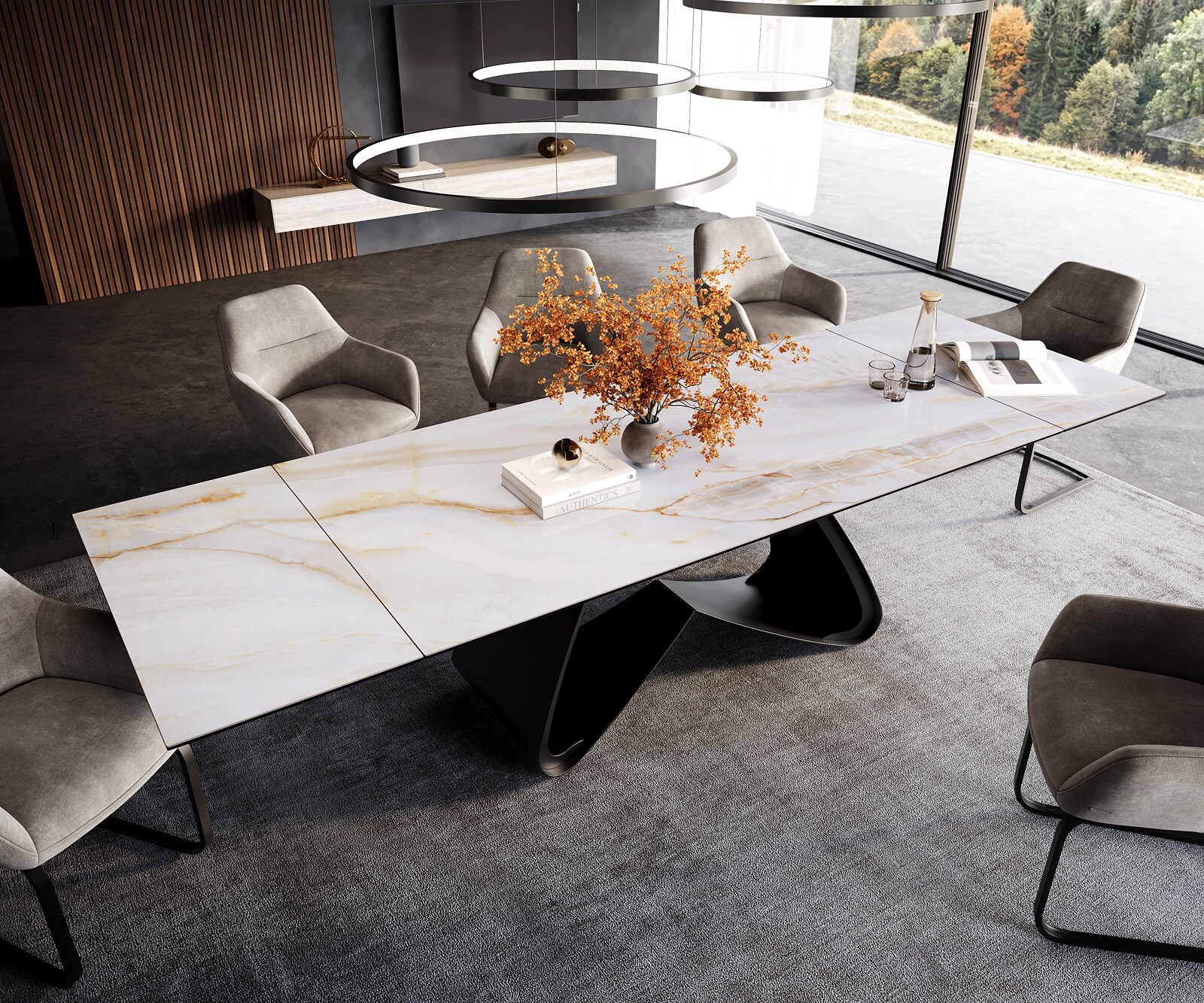 Esstisch Edge 200-300x100 cm Keramik Onyx Pearl W-Gestell Metall Schwarz ausziehbar 3