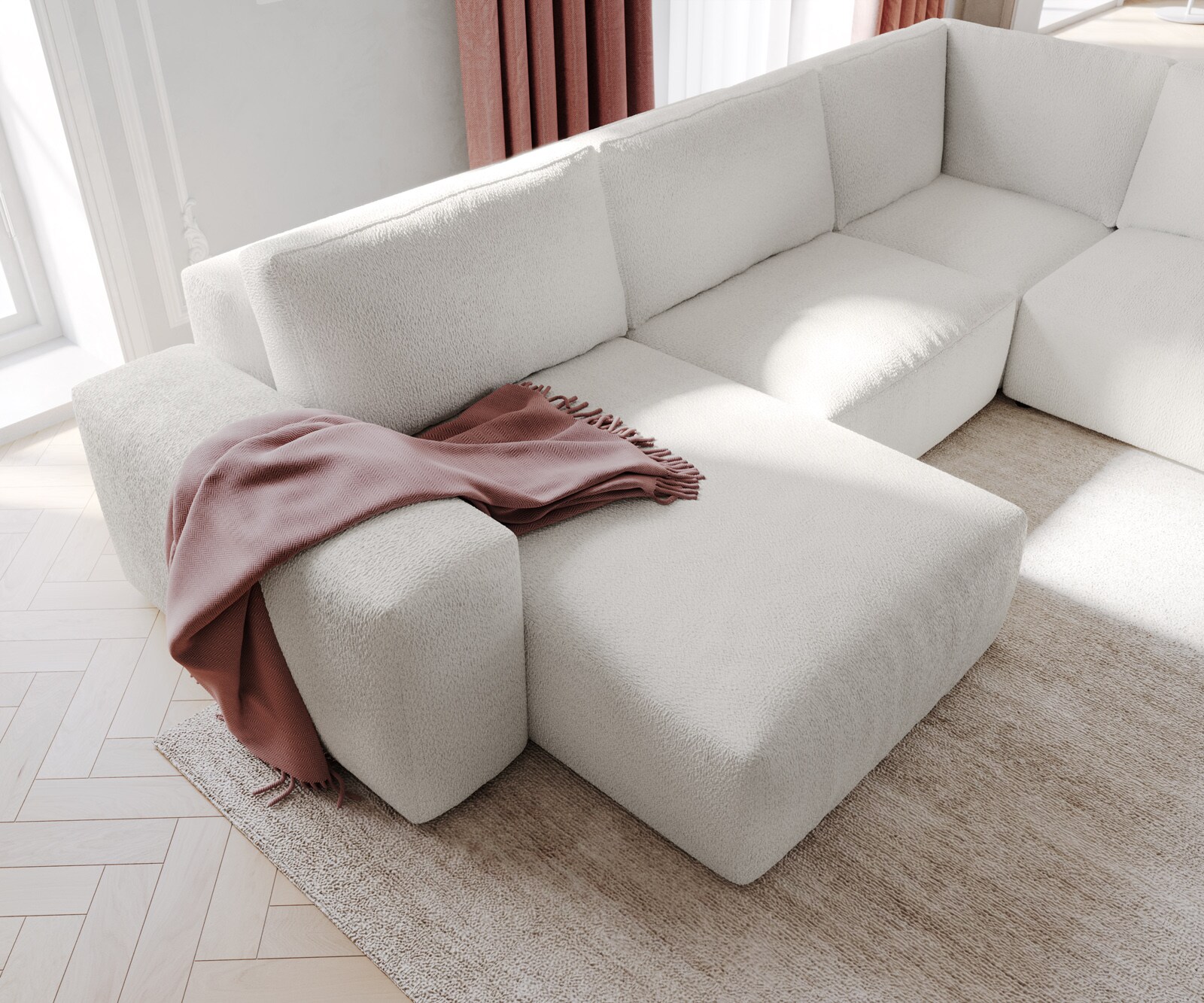 Wohnlandschaft Lanzo 300x210 cm Bouclé Creme-Weiß Recamiere variabel mit Hocker 4