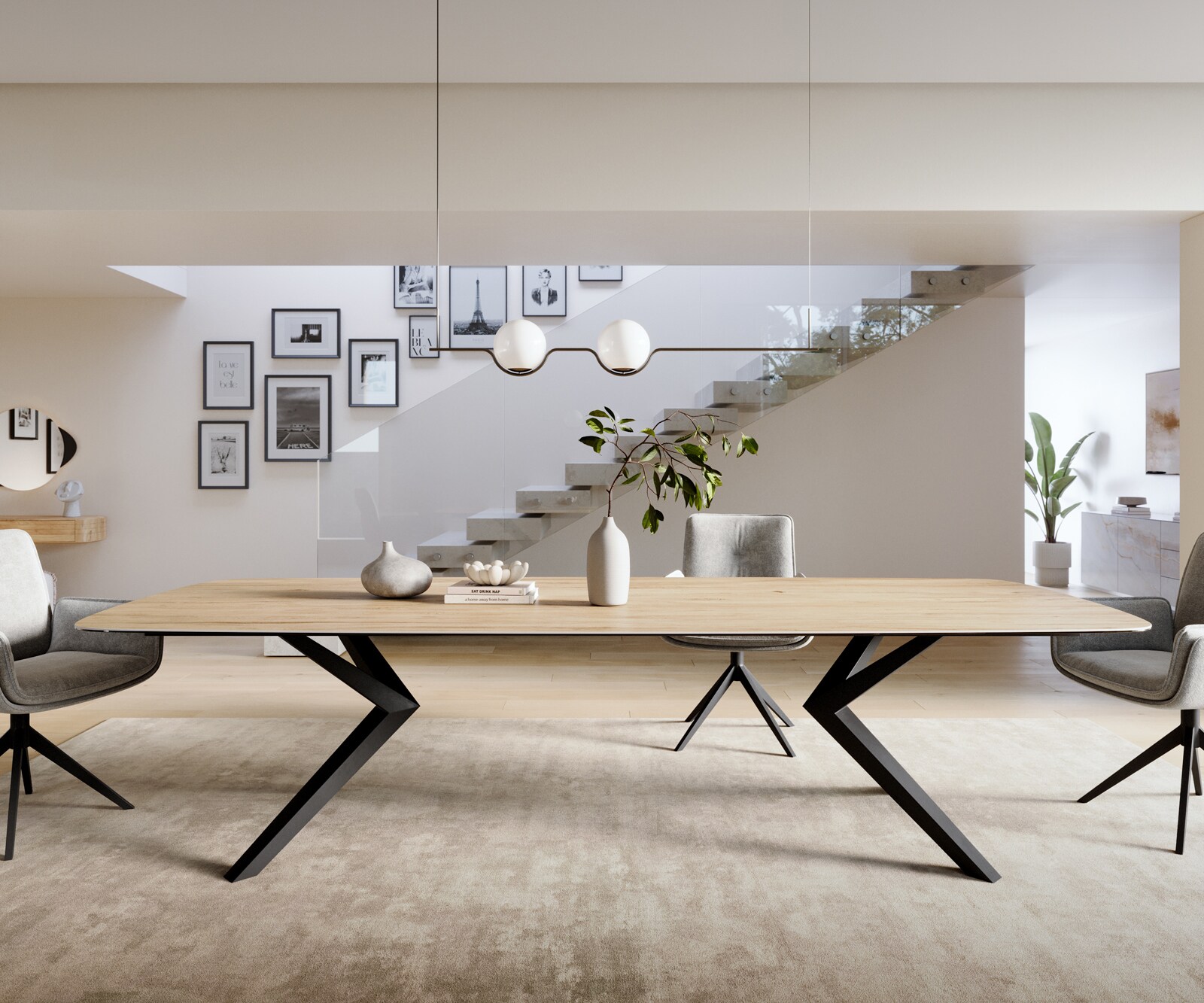 Esstisch Edge Boot 300x120 cm Keramik Laminam® Sabbia Eichefarbig Zenthara kantig Metall Schwarz 1