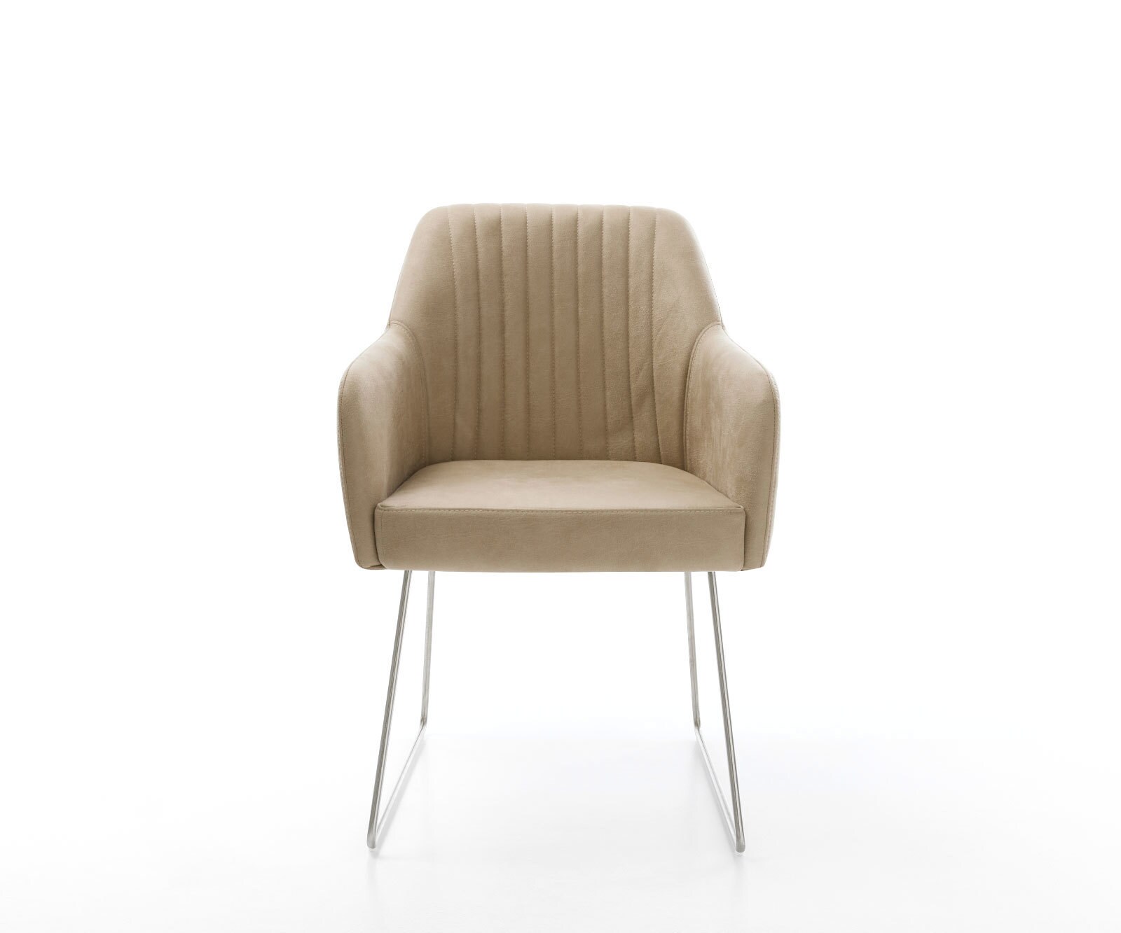 Chaise-de-salle-à-manger Greg-Flex microvelours beige vintage pied trapèze acier inoxydable brossé ressorts ensachés 1
