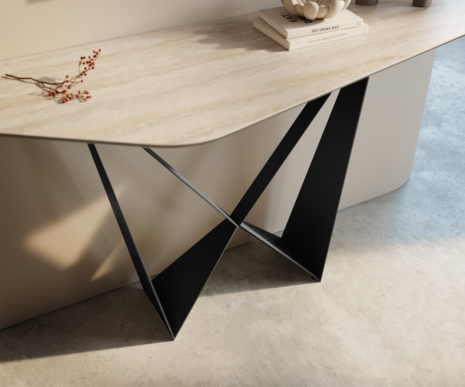 Console Edge Polygonal 140x50 cm Céramique Laminam® Travertino Bianco Creme-Weiß Spios Métal Noir 6