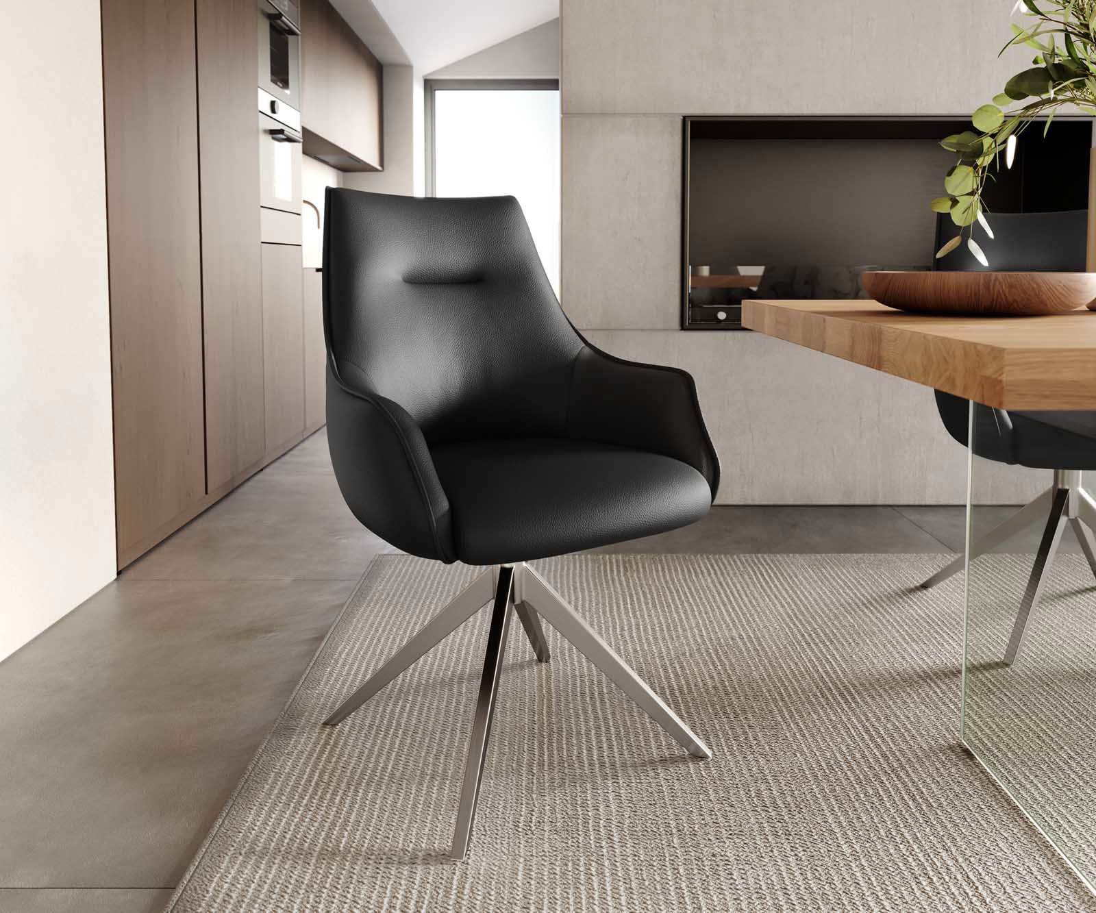 Drehstuhl Alja-Flex mit Armlehnen Echt-Leder Schwarz Kreuzgestell breit Edelstahl 360° drehbar Taschenfederkern Drehstuhl Alja-Flex mit Armlehnen Echt-Leder Schwarz Kreuzgestell breit Edelstahl 360° drehbar Taschenfederkern