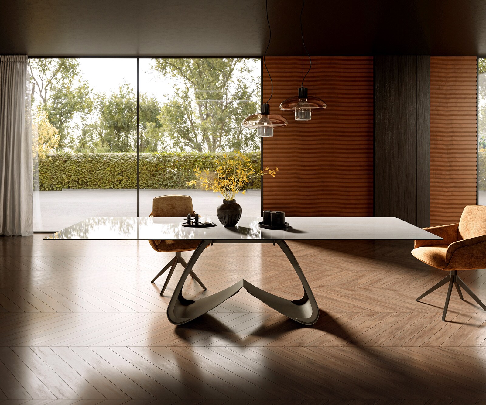 Table à manger Edge 300x100 cm céramique Onyx Champagne piètement en W métal finition effet titane 2