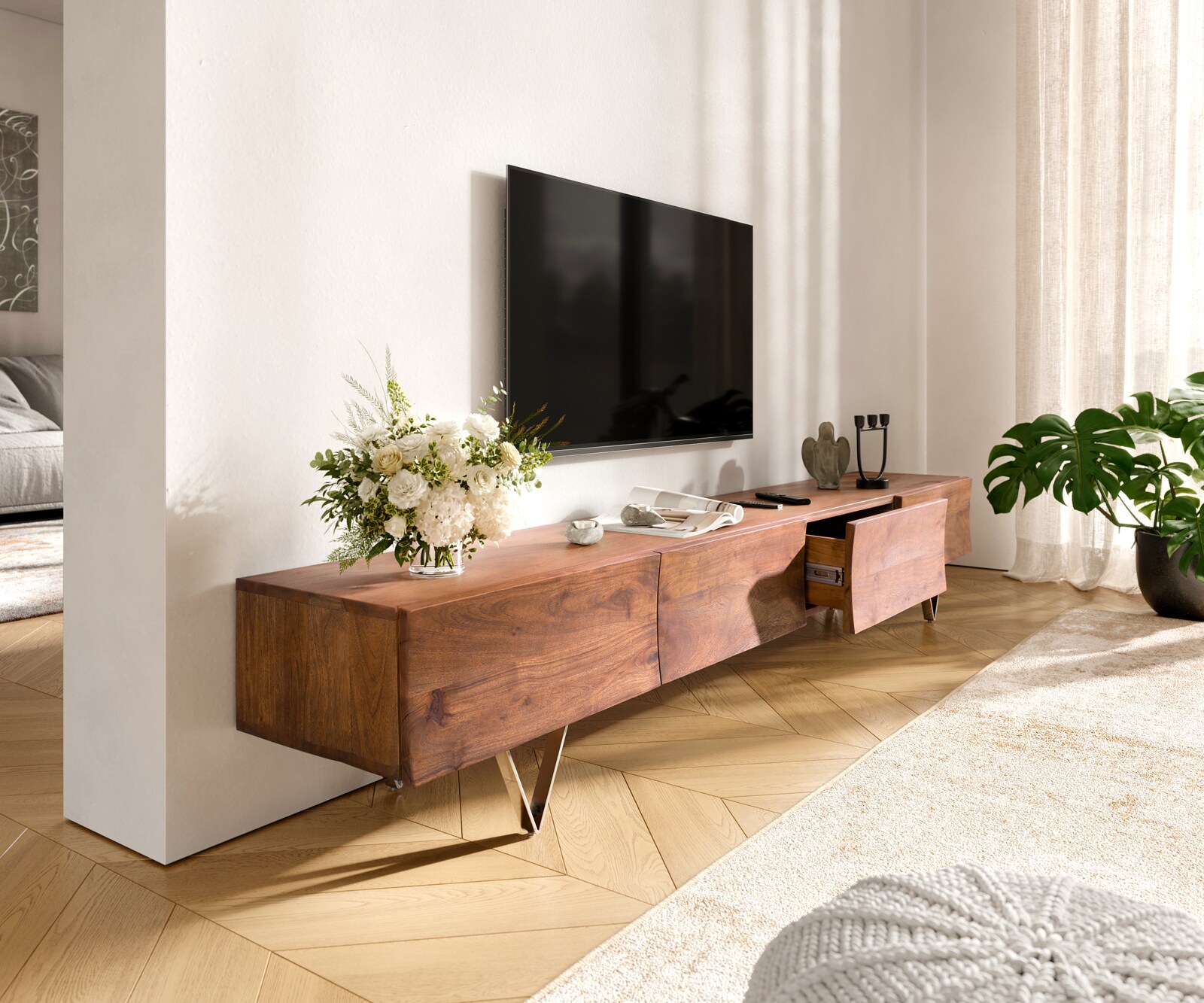 Meuble TV Wyatt 220 cm acacia brun 4 tiroirs pied en V inoxydable