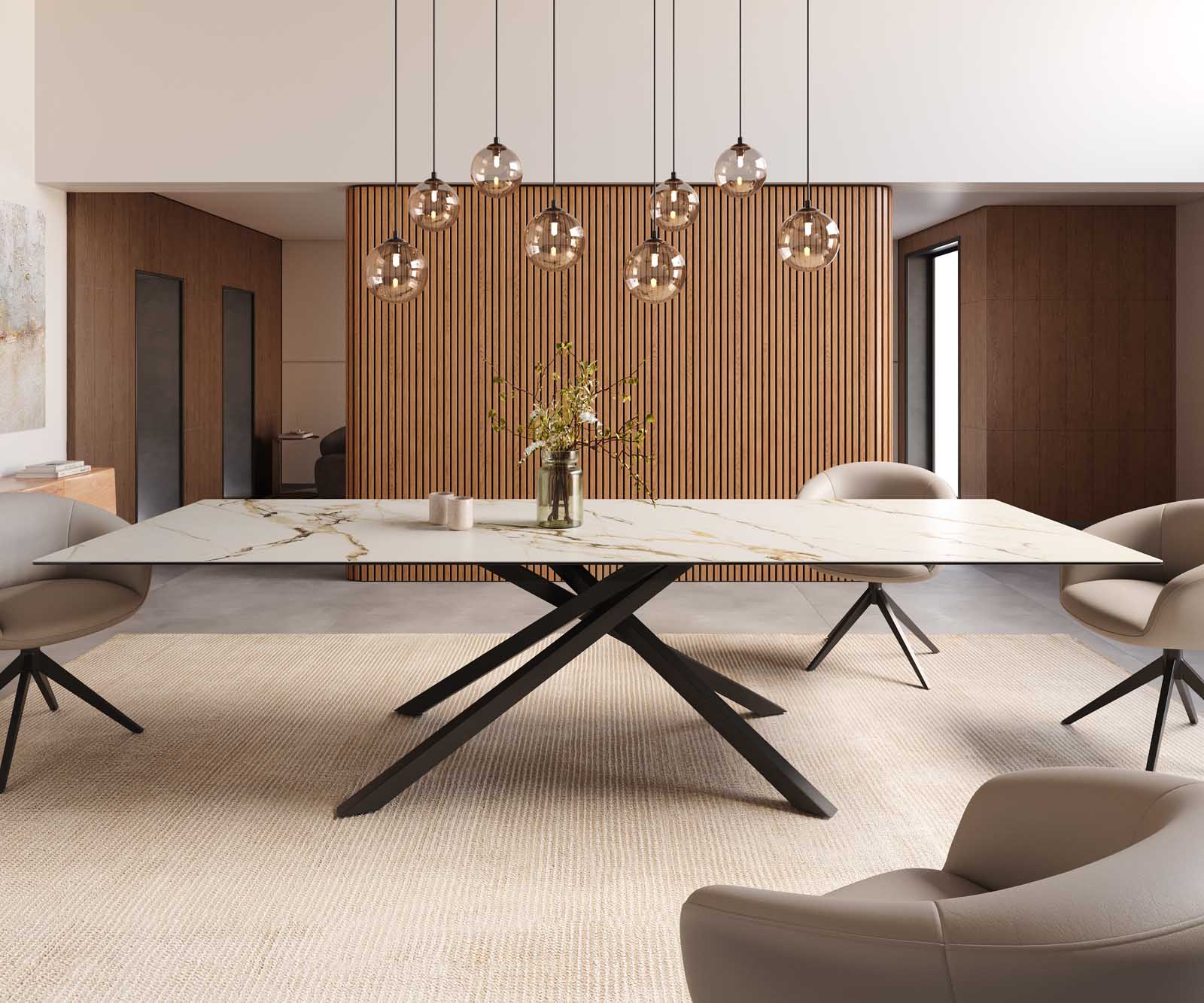 Esstisch Edge 300x100 Keramik Calacatta Luxe Weiß-Gold-Grau Kreuzgestell Rechteck Schwarz 2
