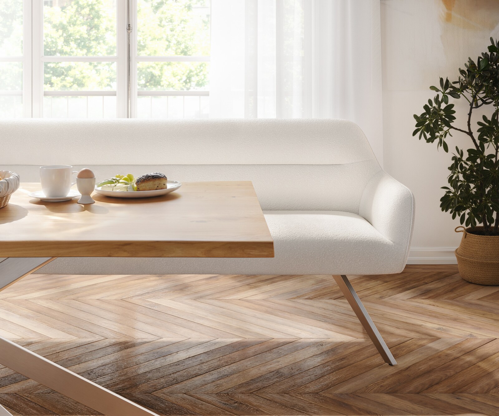 Esszimmerbank Taya-Flex 300 cm Bouclé Creme-Weiß Kreuzgestell kantig Edelstahl Taschenfederkern 3