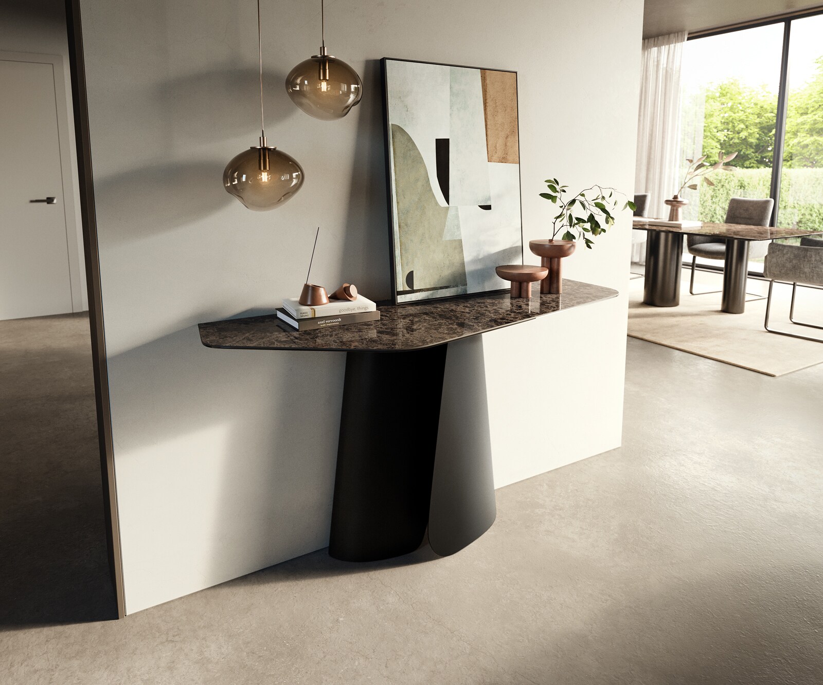 Console Edge Polygonal 140x50 cm Céramique Emperador Extra Lucidato Dunkelbraun Livos Métal Noir 4