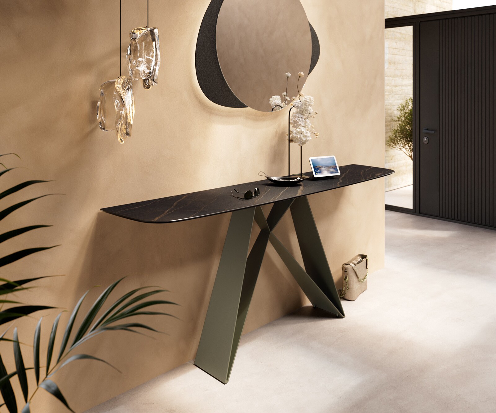 Konsolentisch Edge Boot 180x40 cm Keramik Laminam® Noir Desir Braun Velio Metall Effektfinish Titan 4