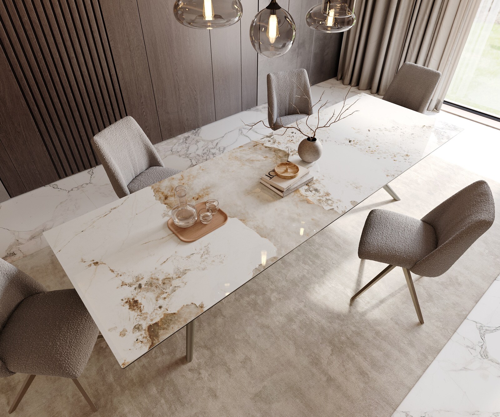 Table à manger Edge 300x100 Céramique Minas Melange Blanc-Beige Estelar rond Métal finition à effet Titane 4