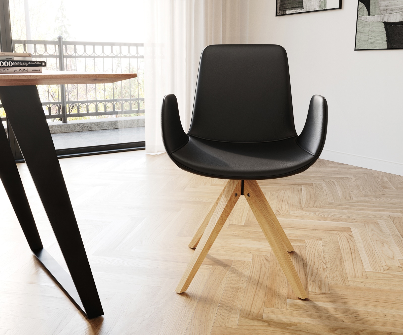 Esszimmerstuhl Ilia-Flex mit Armlehnen Echt-Leder Schwarz Holzgestell konisch Natur 1 Esszimmerstuhl Ilia-Flex mit Armlehnen Echt-Leder Schwarz Holzgestell konisch Natur 1