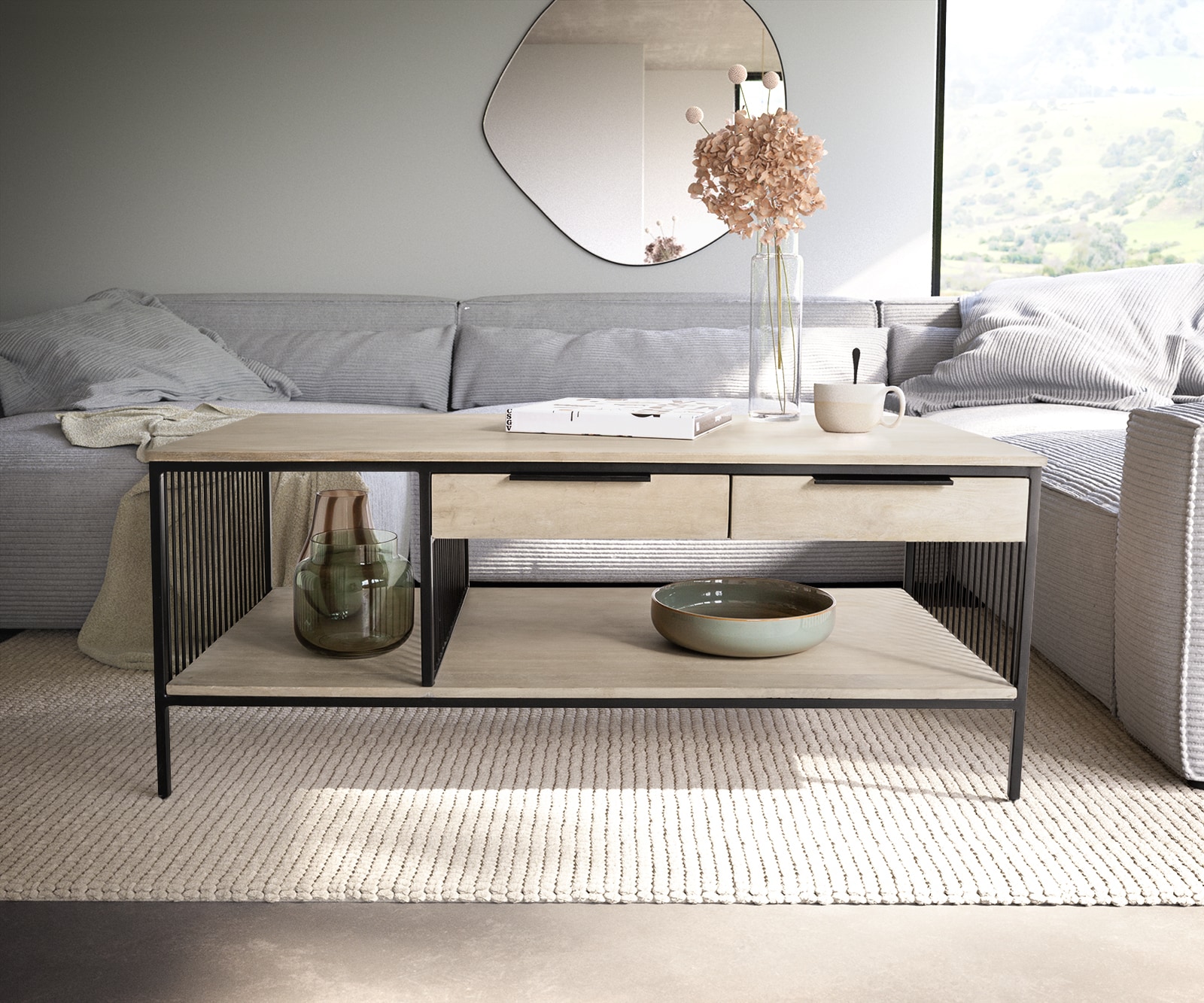 Couchtisch Libina 120x60 cm Mango White Wash Metall Schwarz 2 Schubladen 1 Couchtisch Libina 120x60 cm Mango White Wash Metall Schwarz 2 Schubladen 1